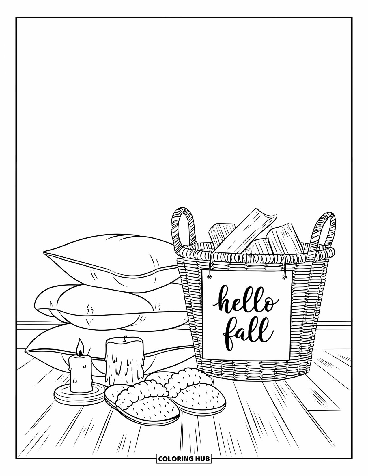 Hello Fall Coloring Page for Kids: Stack of pillows and a firewood basket welcome autumn with a sweet sign