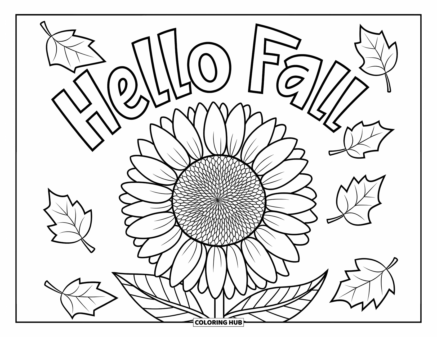 Hello Fall Coloring Page for Kids: Sunflower and leaves dance below playful fall lettering
