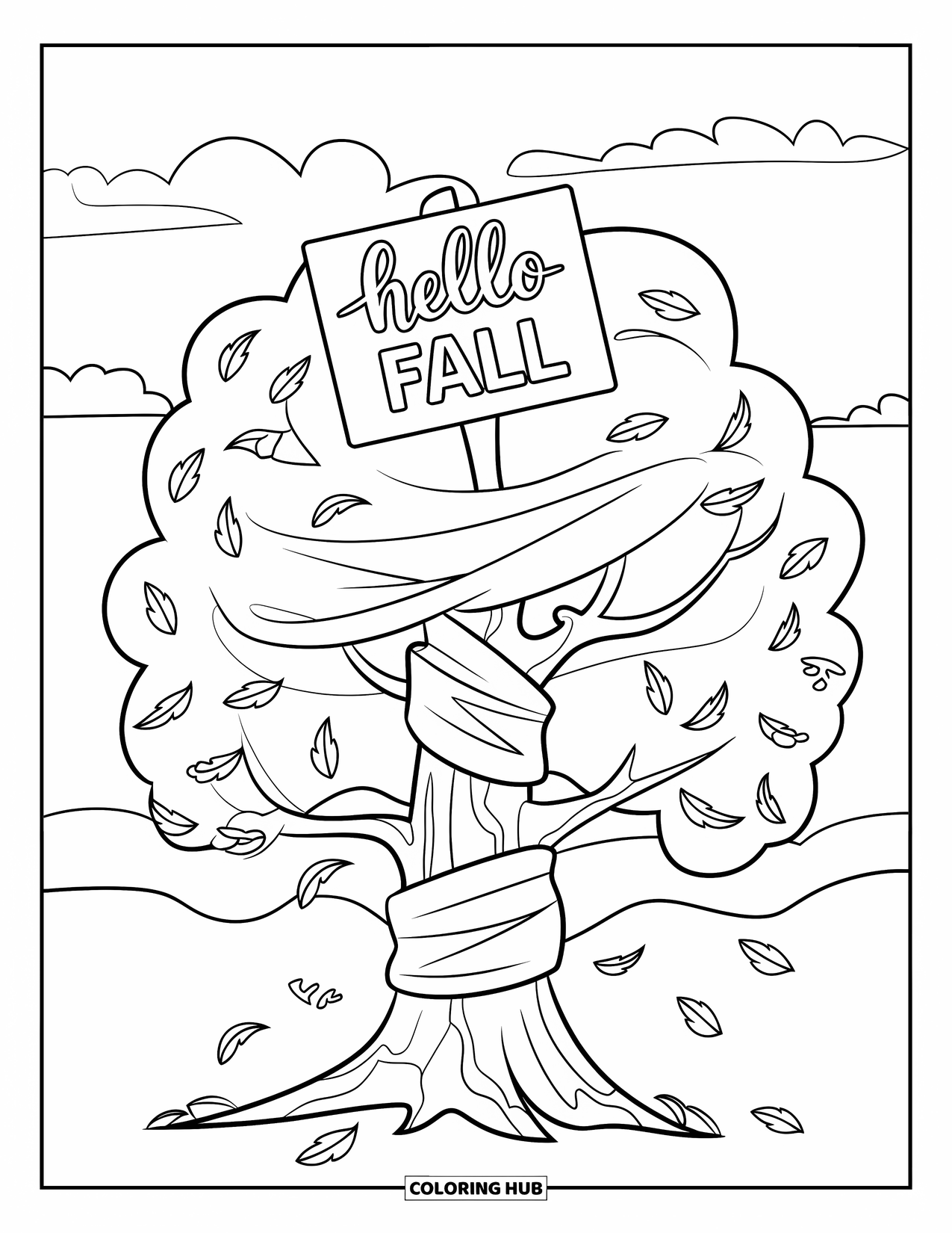 Hello Fall Coloring Page for Kids: Tree trunk wears a scarf while leaves twirl beneath a bright fall sign