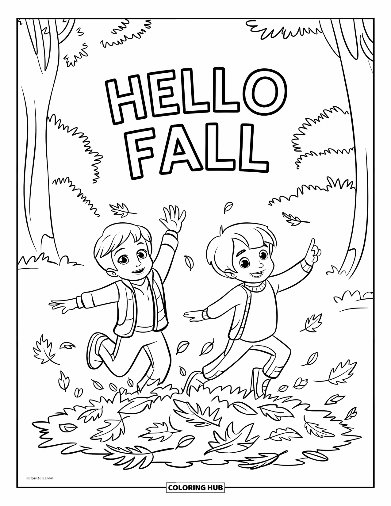 Hello Fall Coloring Page for Kids: Two kids jump into a heart-shaped pile of fall leaves with joy