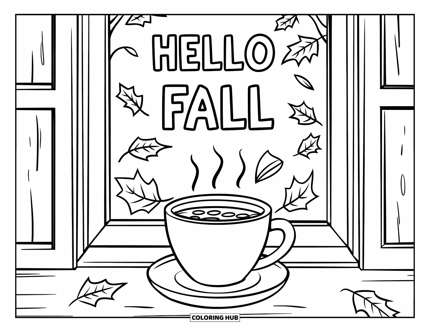 Hello Fall Coloring Page for Kids: Warm cocoa sits on a cozy windowsill with leaves and a fall greeting