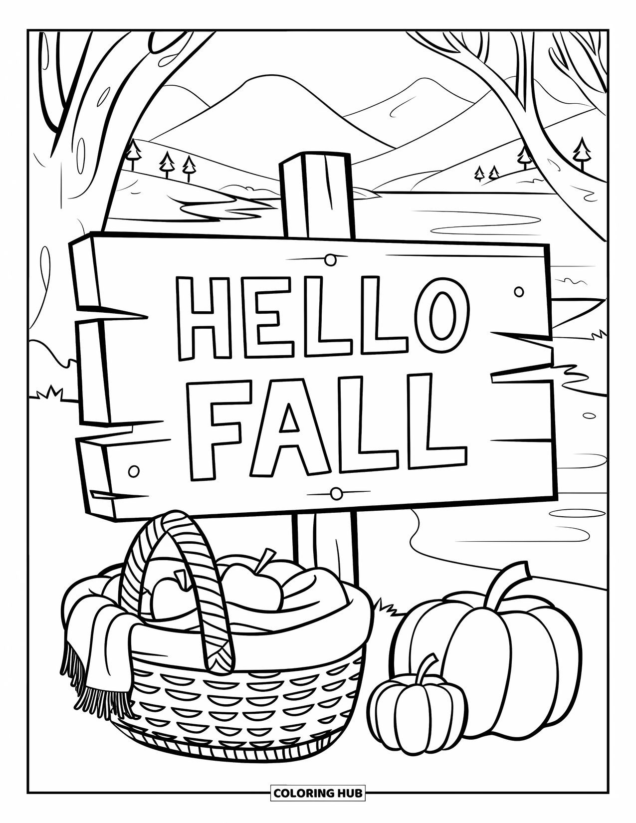 Hello Fall Coloring Page for Kids: Wooden sign and basket of apples and scarves say "Hello Fall"
