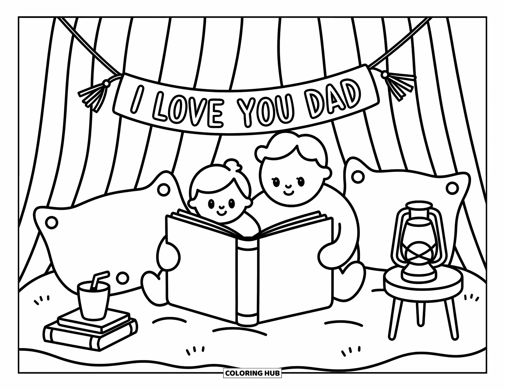 I Love You Dad Coloring Page for Adults: Dad and child read together in a cozy blanket fort