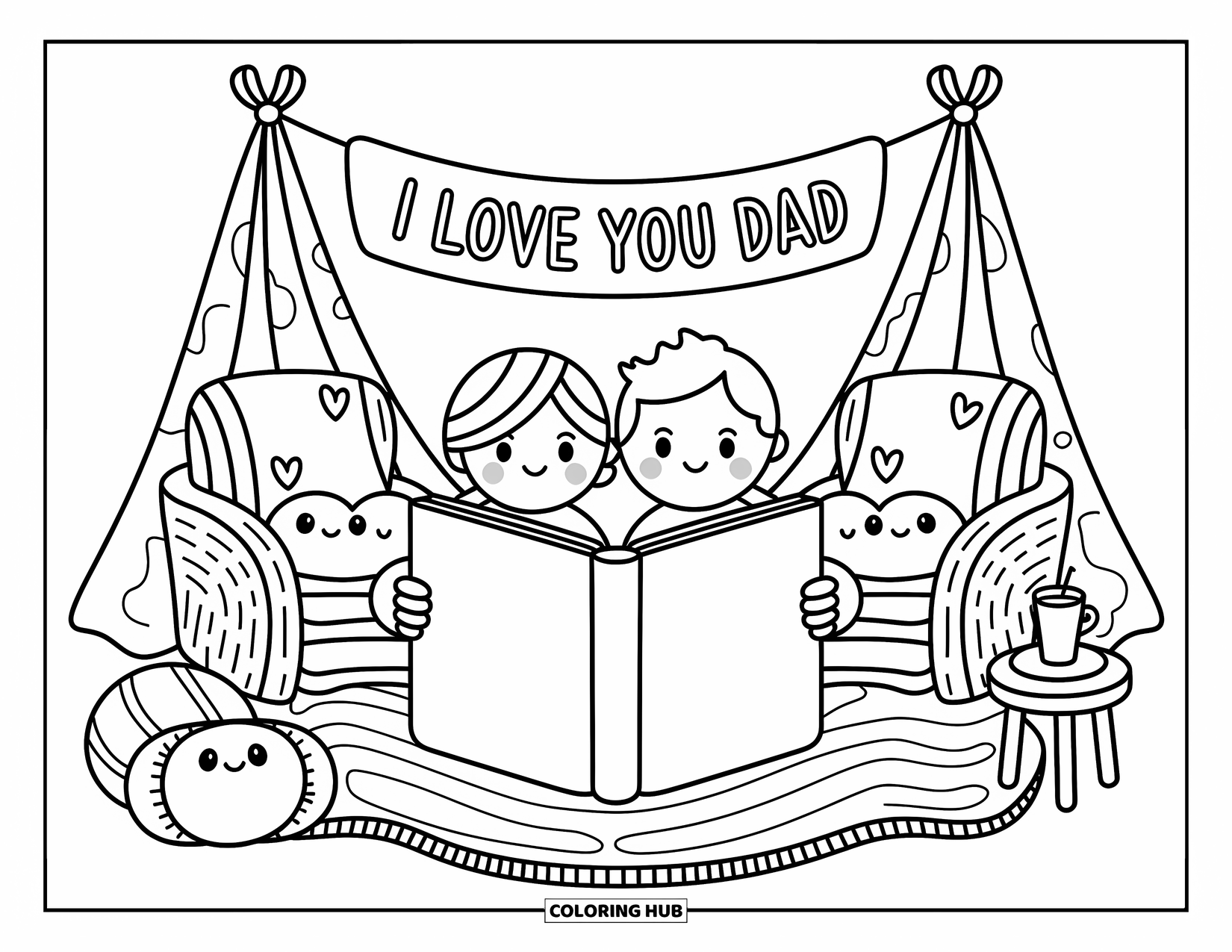 I Love You Dad Coloring Page for Adults: Dad and child sit in a fort with a banner saying "I Love You Dad"