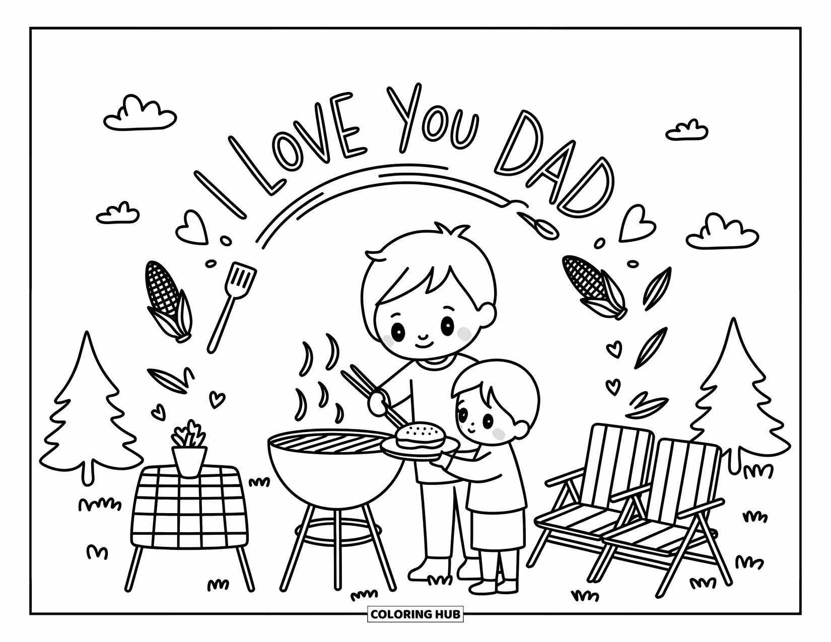 I Love You Dad Coloring Page for Adults: Dad at a barbecue grill smiling as child brings him food