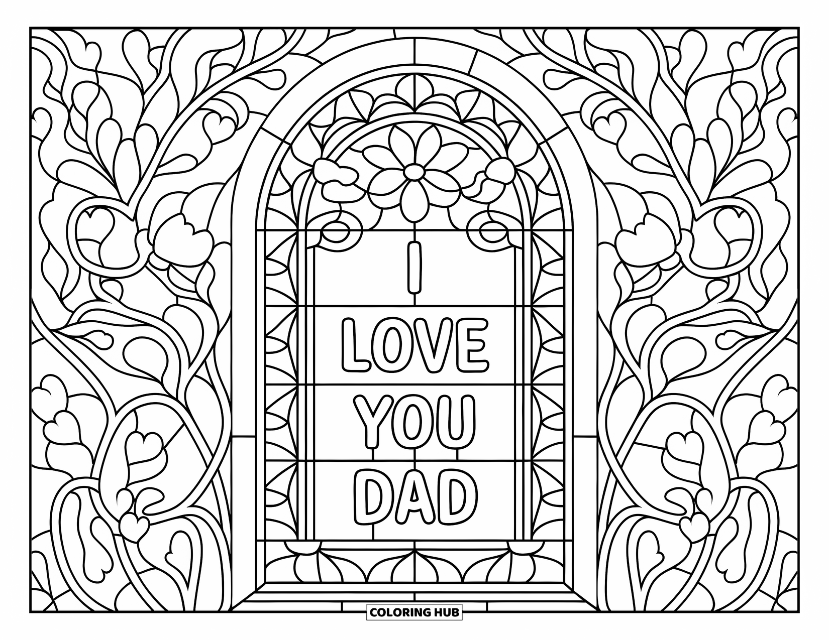 I Love You Dad Coloring Page for Adults: Decorative stained glass arch filled with vines and hearts