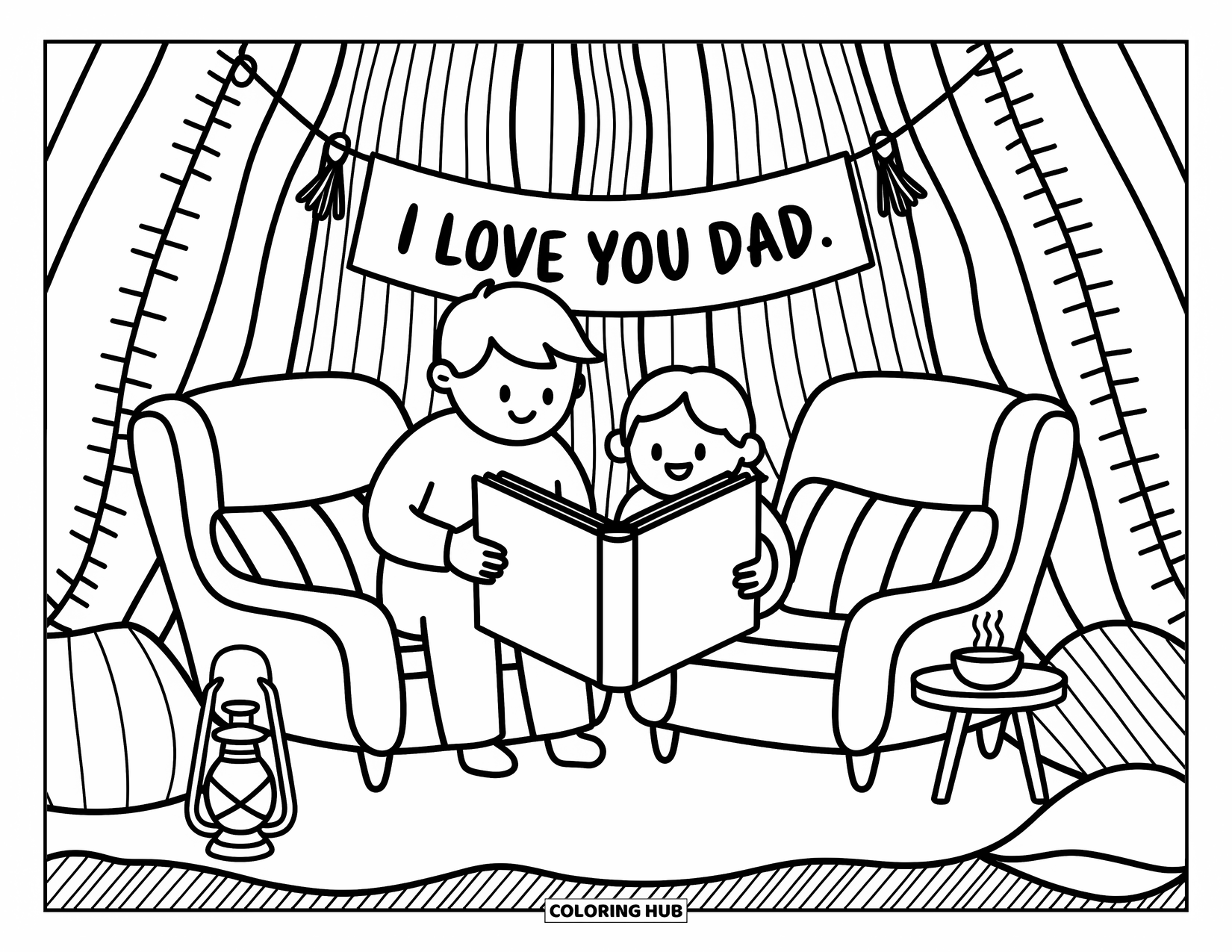 I Love You Dad Coloring Page for Adults: Father and child share a book inside a patterned blanket fort