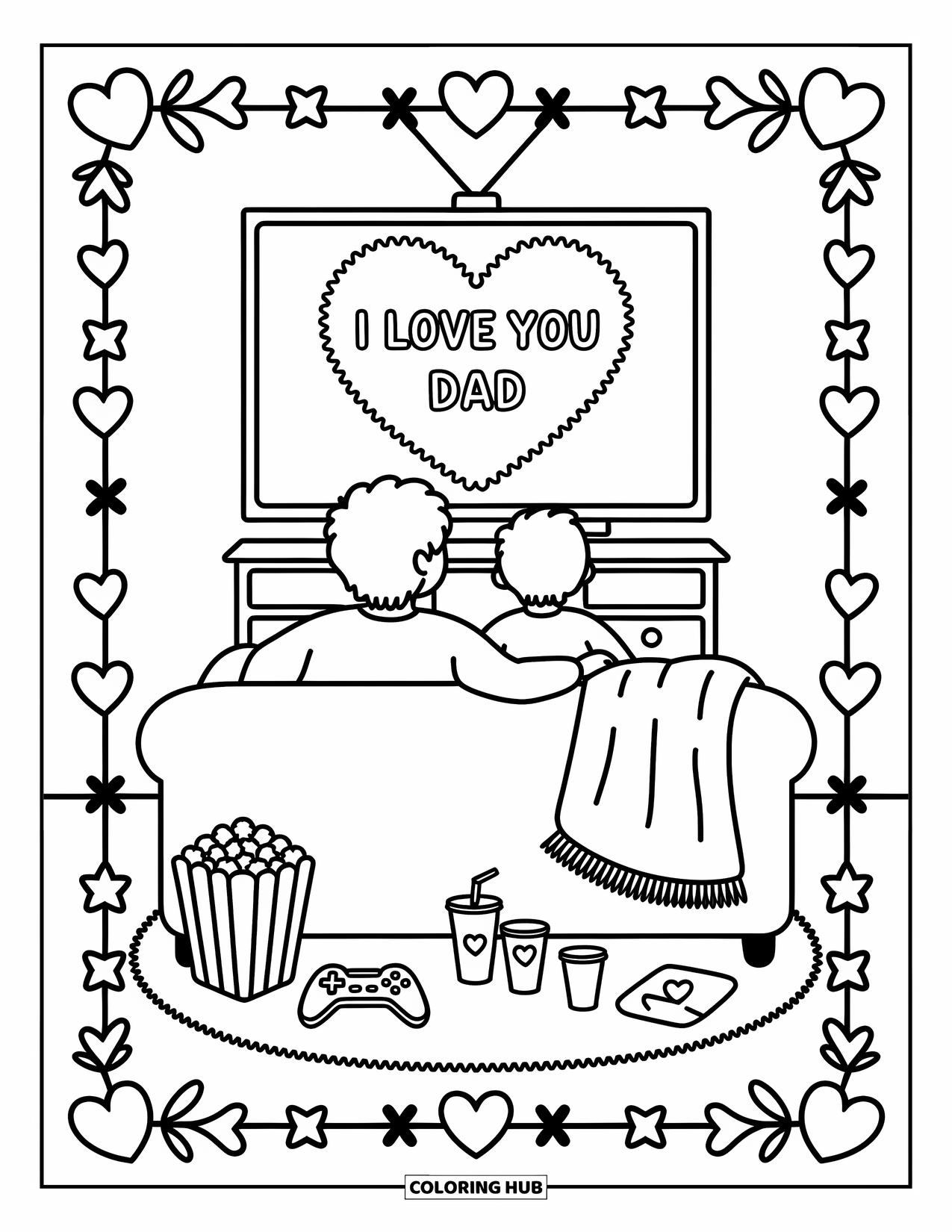 I Love You Dad Coloring Page for Adults: Father and child watch TV heart glowing "I Love You Dad"