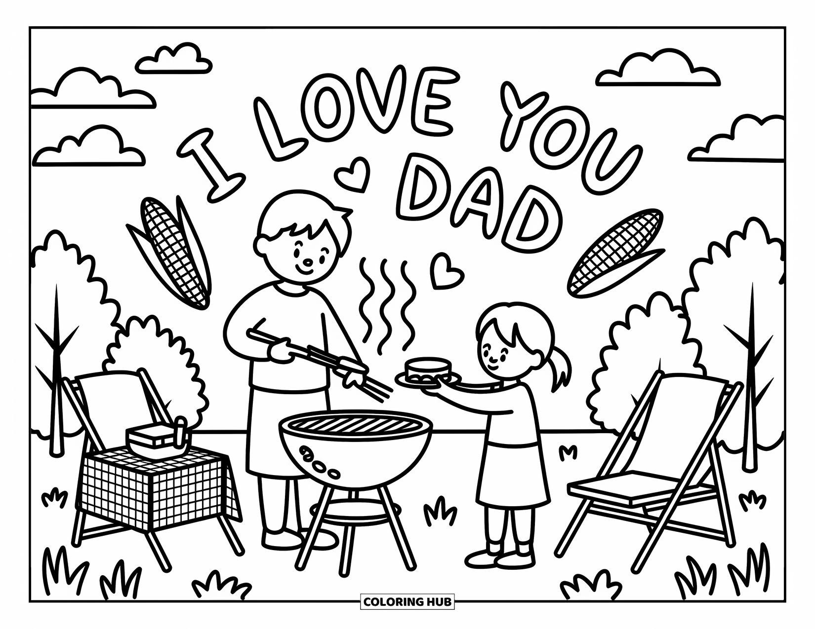 I Love You Dad Coloring Page for Adults: Father cooking at the grill while child offers a sandwich