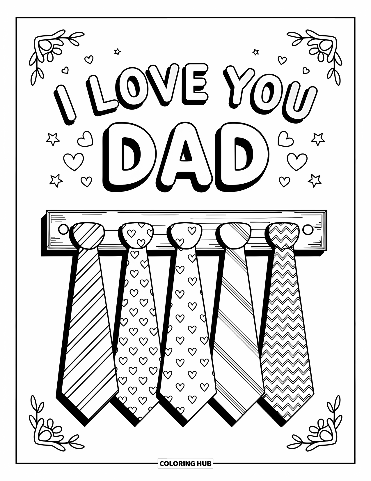 I Love You Dad Coloring Page for Adults: Five patterned ties with caption "I Love You Dad"