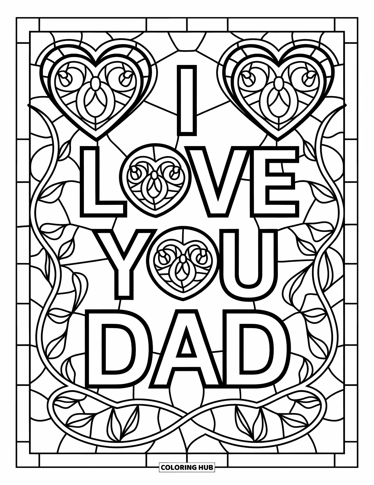 I Love You Dad Coloring Page for Adults: Hearts and vines surround "I Love You Dad"