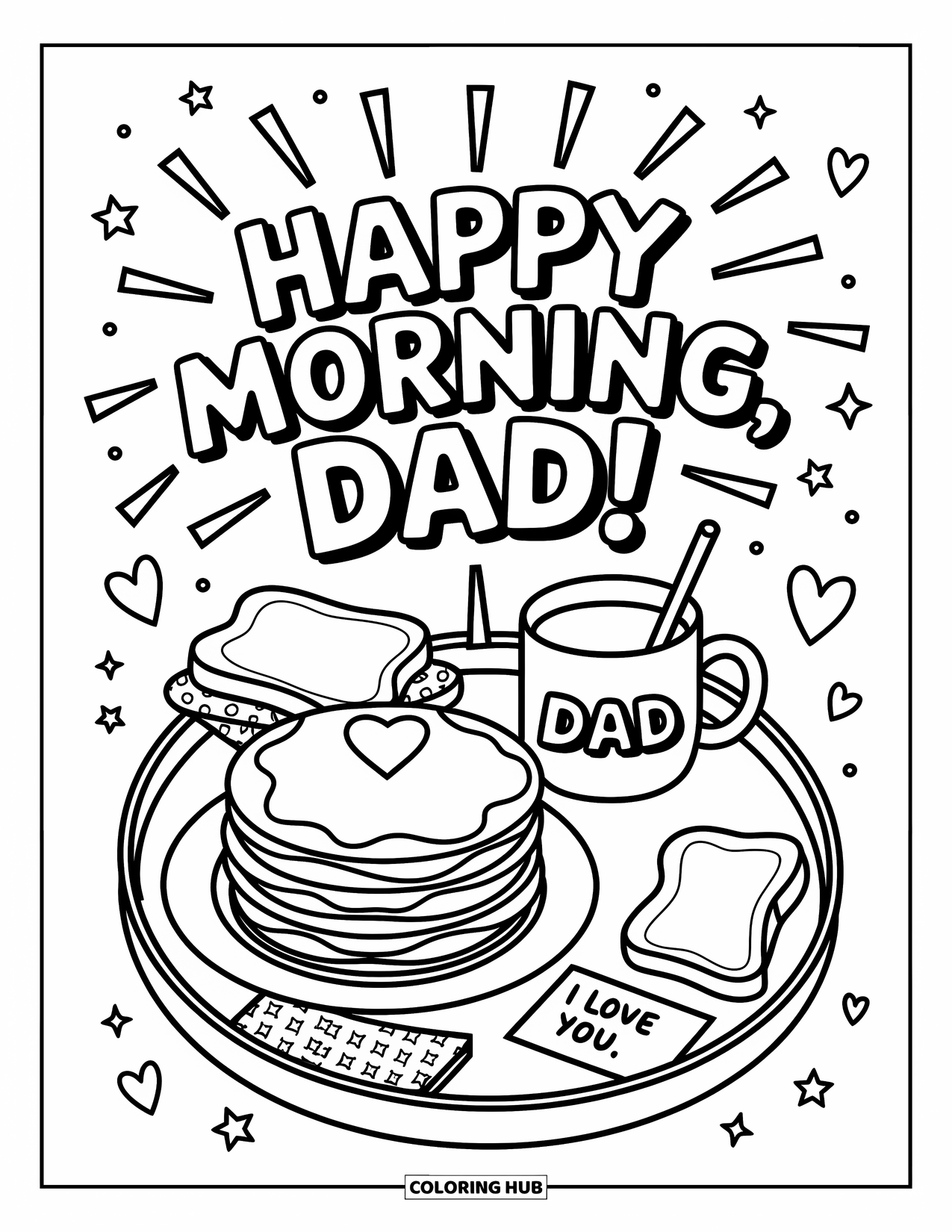 I Love You Dad Coloring Page for Adults: Tray with toast, pancakes, and note "I Love You"