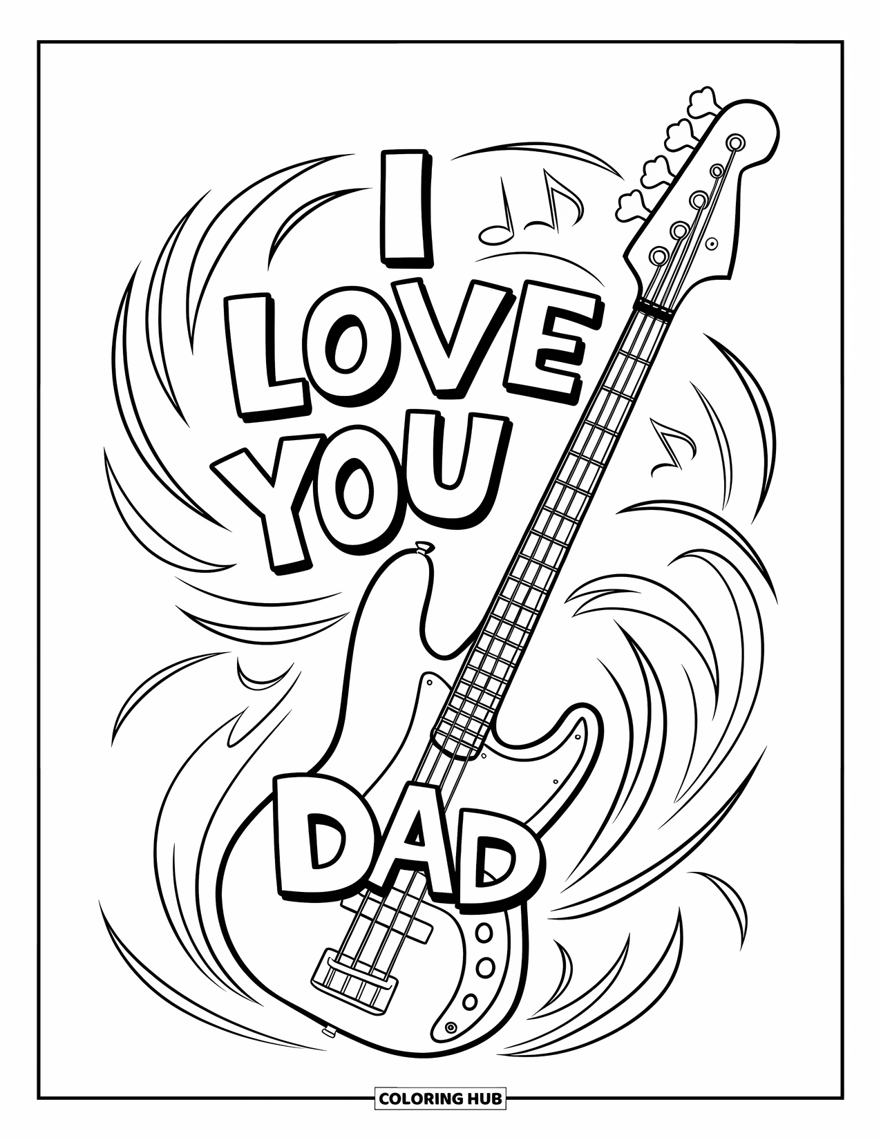 I Love You Dad Coloring Page for Kids: Bass guitar with "I Love You Dad" written across it