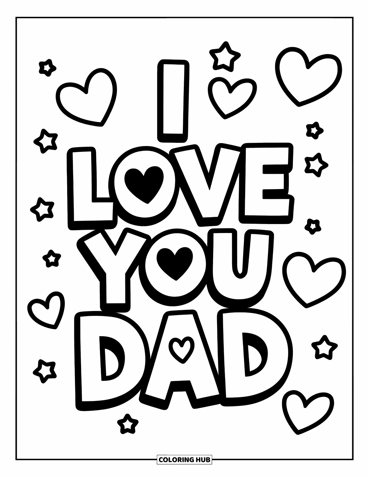 I Love You Dad Coloring Page for Kids: Big text with hearts says "I Love You Dad"