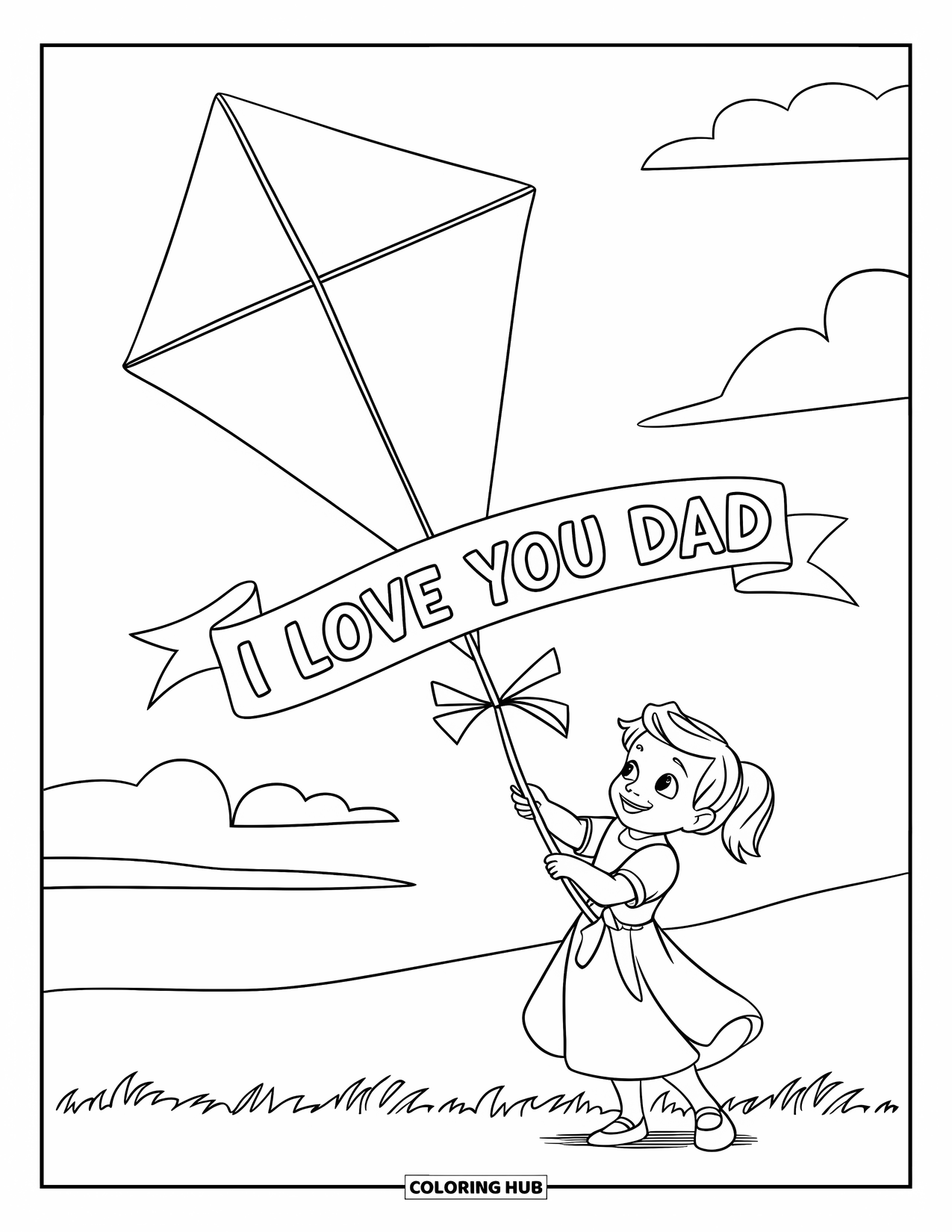 I Love You Dad Coloring Page for Kids: Girl with kite banner says "I Love You Dad"