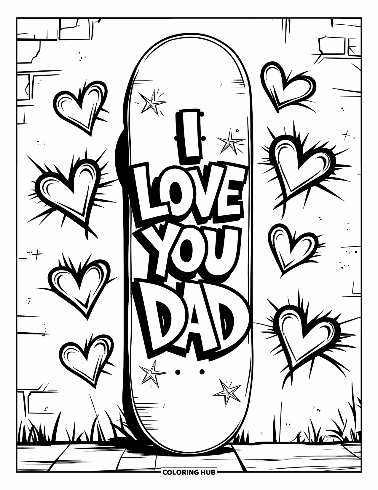 I Love You Dad Coloring Page for Kids: Graffiti skateboard design says "I Love You Dad"
