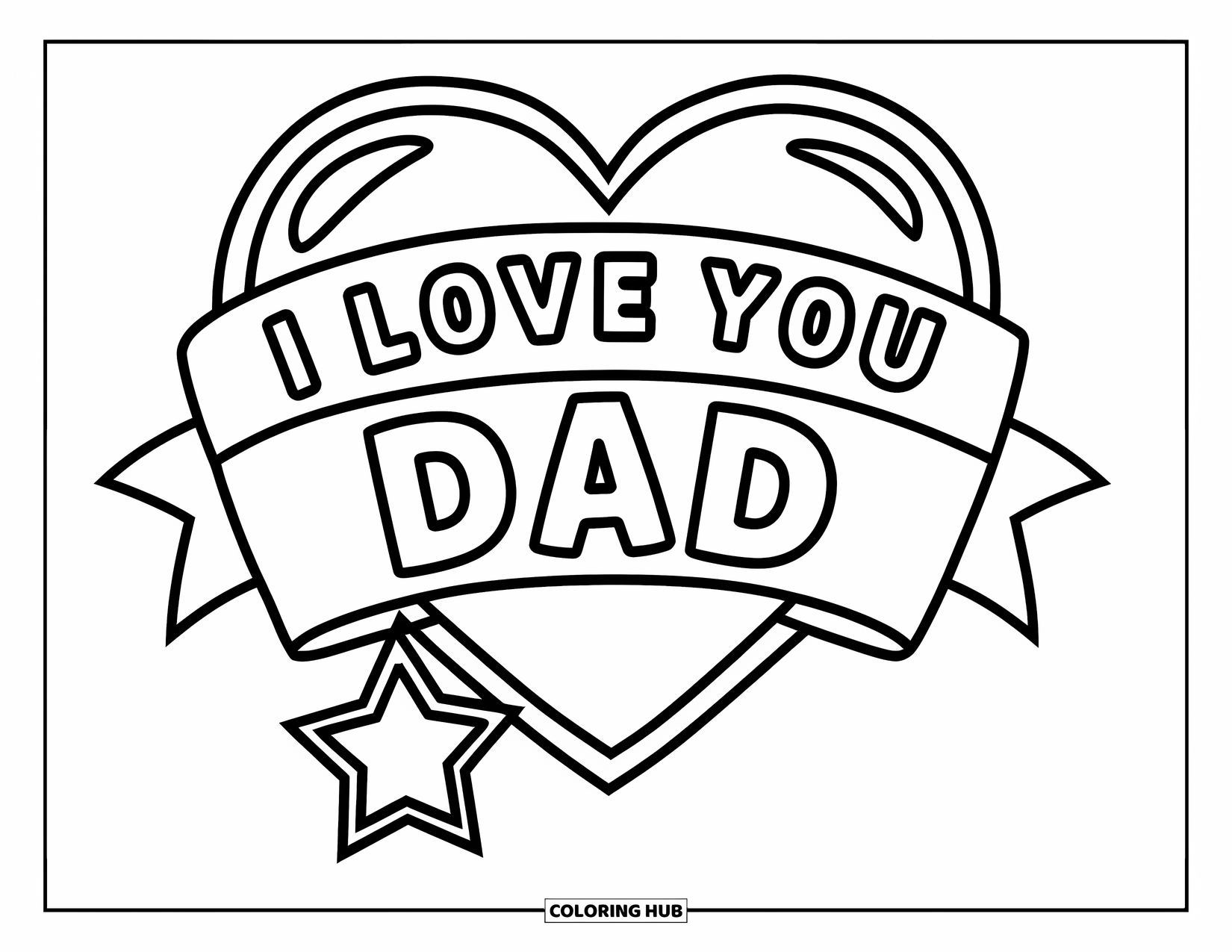 I Love You Dad Coloring Page for Kids: Heart with ribbon banner says "I Love You Dad"
