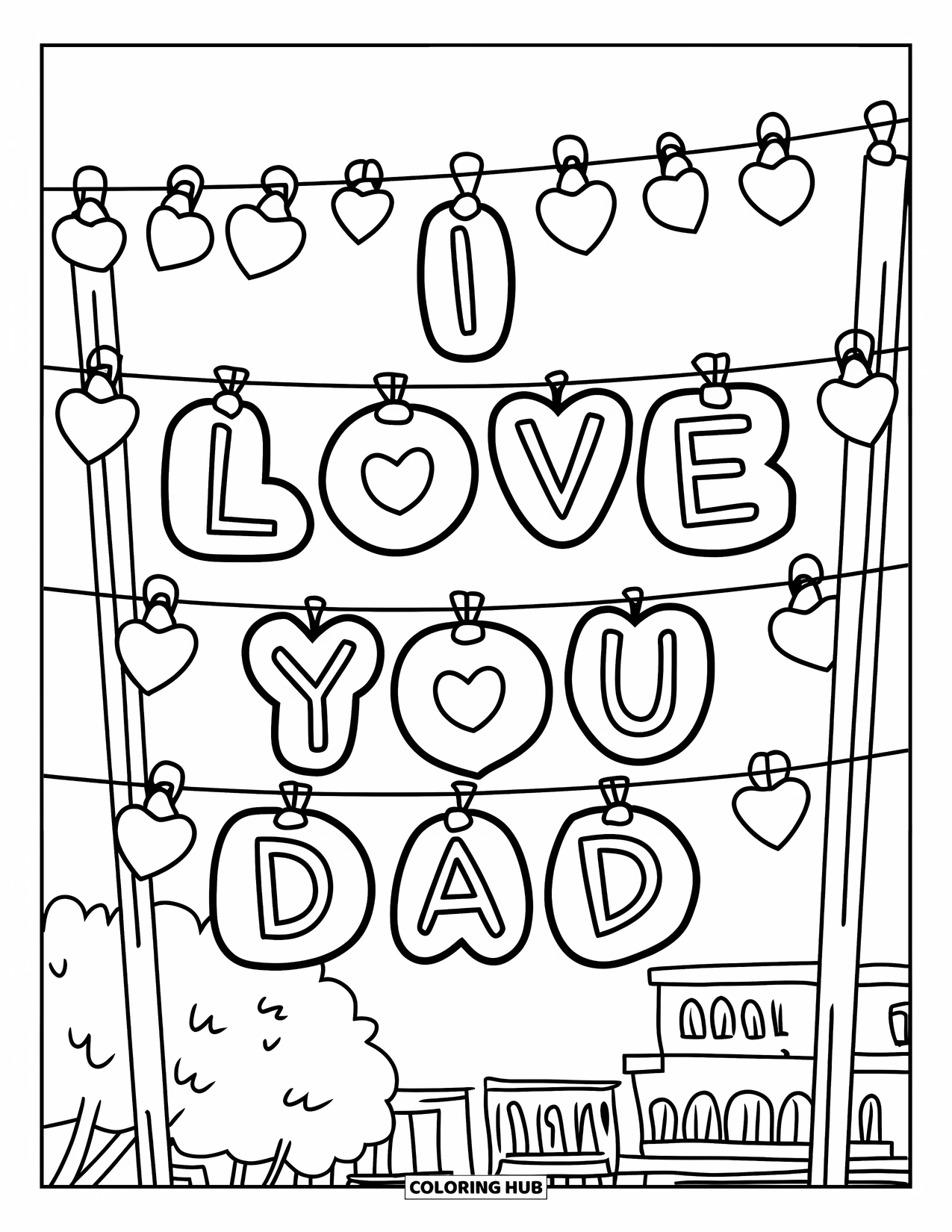 I Love You Dad Coloring Page for Kids: Lights in heart shapes spell "I Love You Dad"