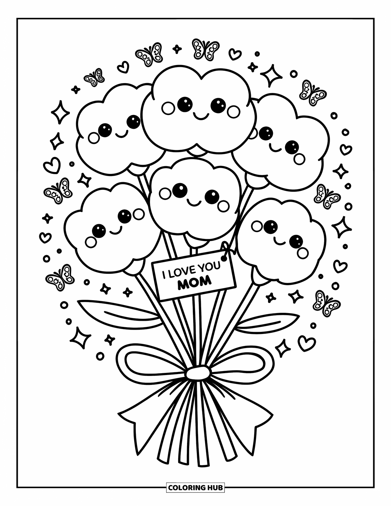 I Love You Mom Coloring Page for Adults: A bouquet of round flowers with butterflies and "I Love You Mom" tag