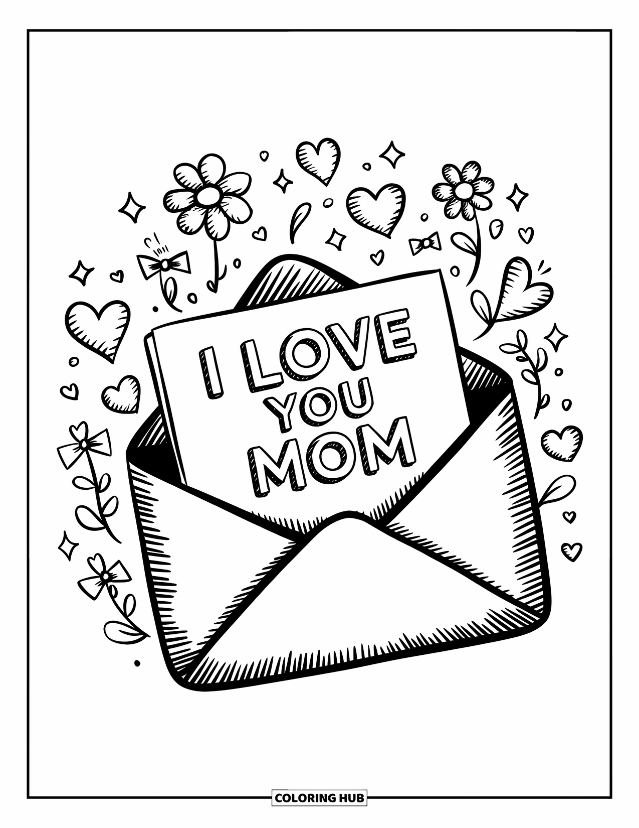 I Love You Mom Coloring Page for Adults: A magical love letter with "I Love You Mom" and floating doodles