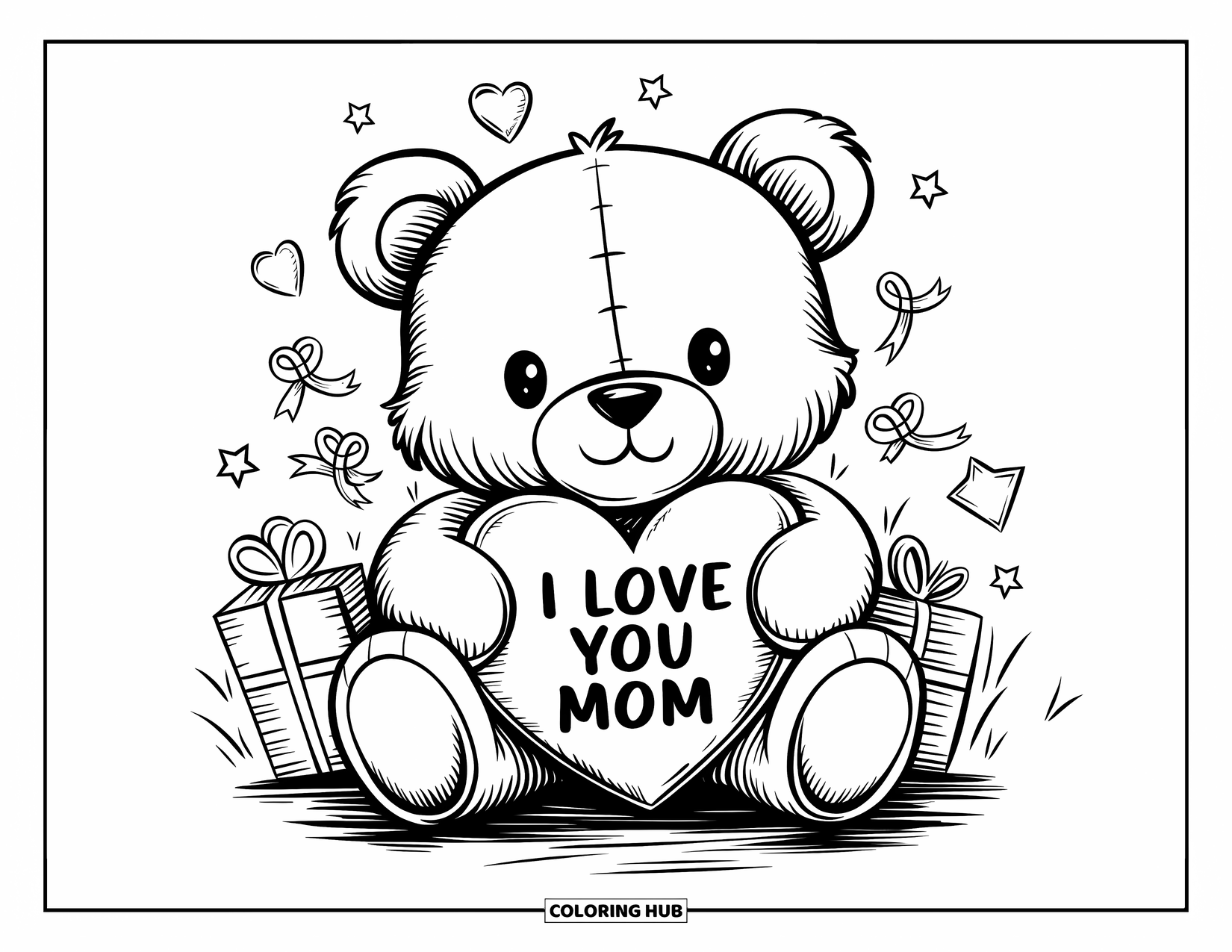 I Love You Mom Coloring Page for Adults: A teddy bear on grass hugs a heart pillow with "I Love You Mom"