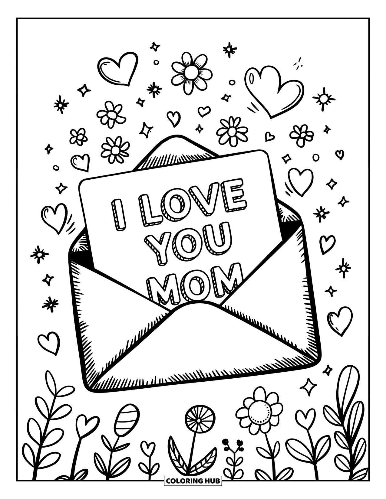 I Love You Mom Coloring Page for Adults: An open envelope reveals a card that says "I Love You Mom"