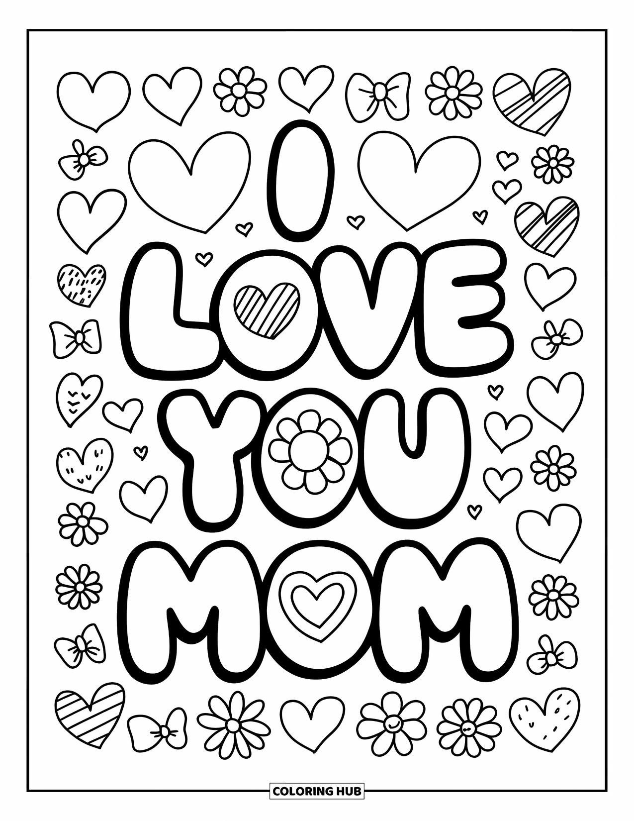 I Love You Mom Coloring Page for Adults: Big bubble letters with "I Love You Mom" decorated with dots and stripes