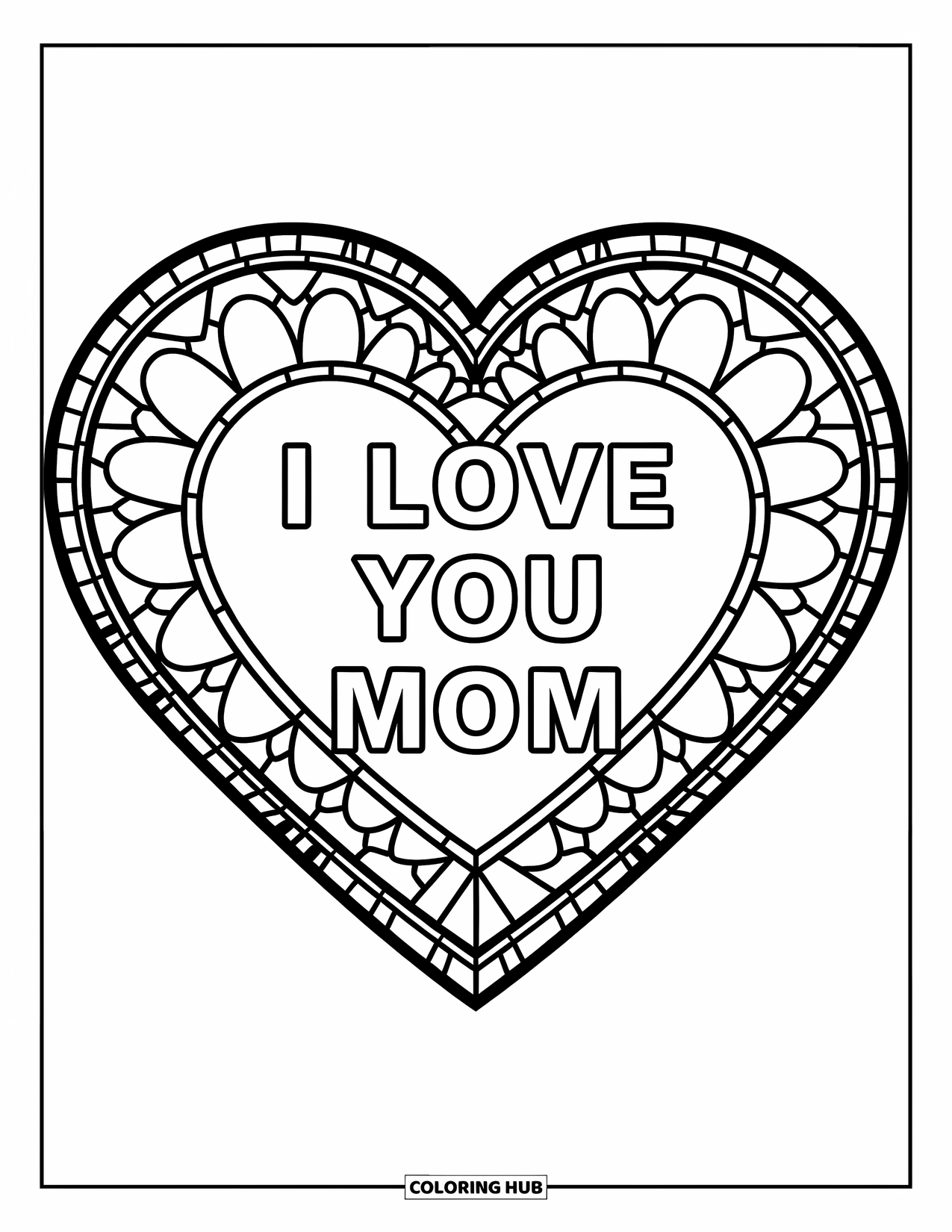 I Love You Mom Coloring Page for Adults: Heart with stained glass details and "I Love You Mom"