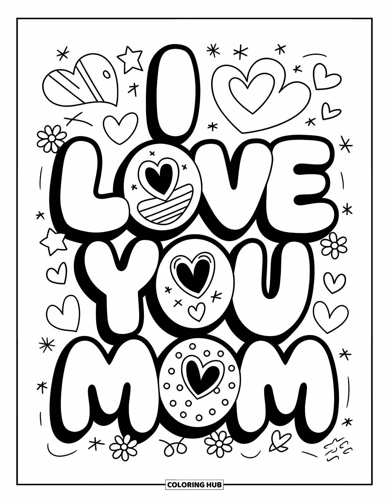 I Love You Mom Coloring Page for Adults: "I Love You Mom" in bubble letters filled with doodles and stars