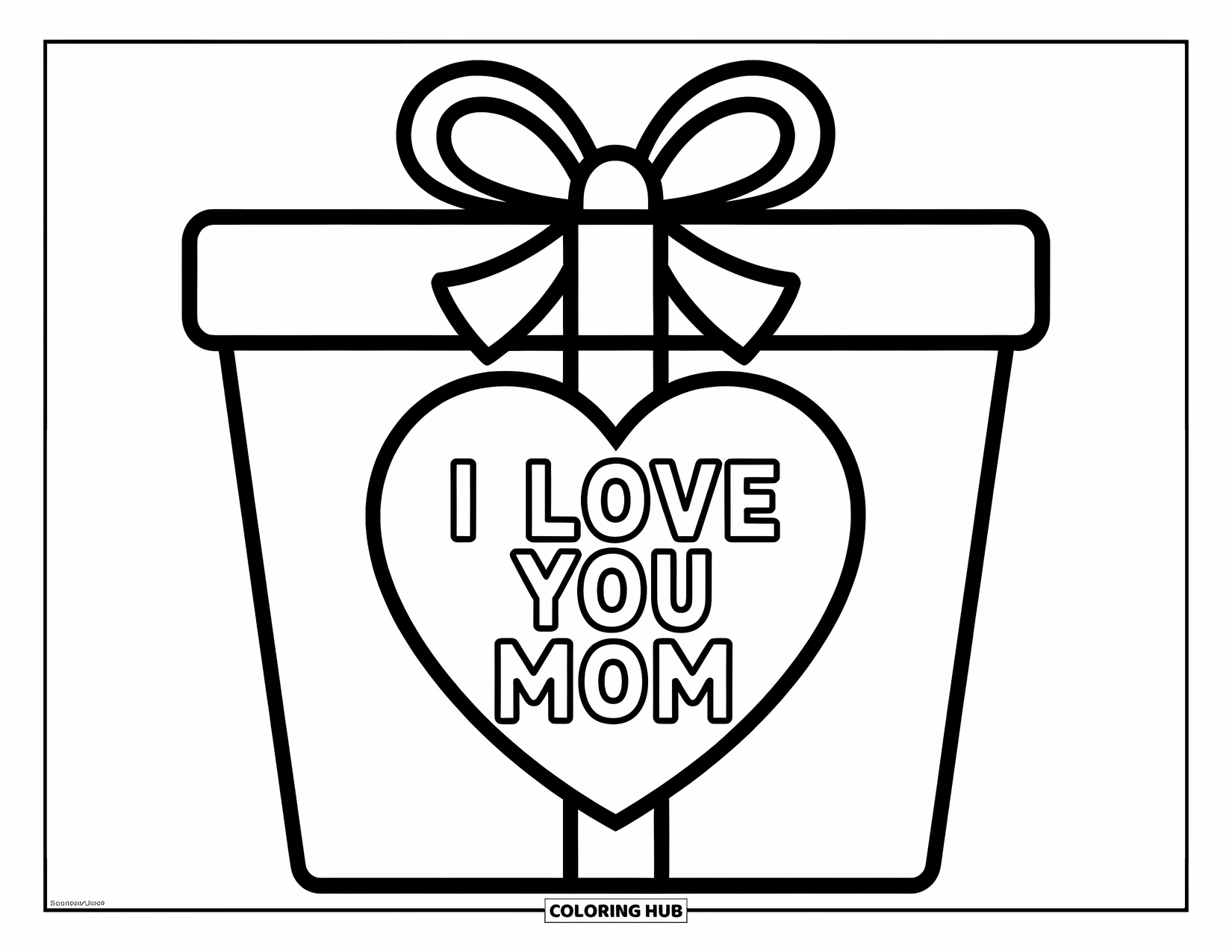 I Love You Mom Coloring Page for Kids: A gift box with "I Love You Mom" inside and a bow on top