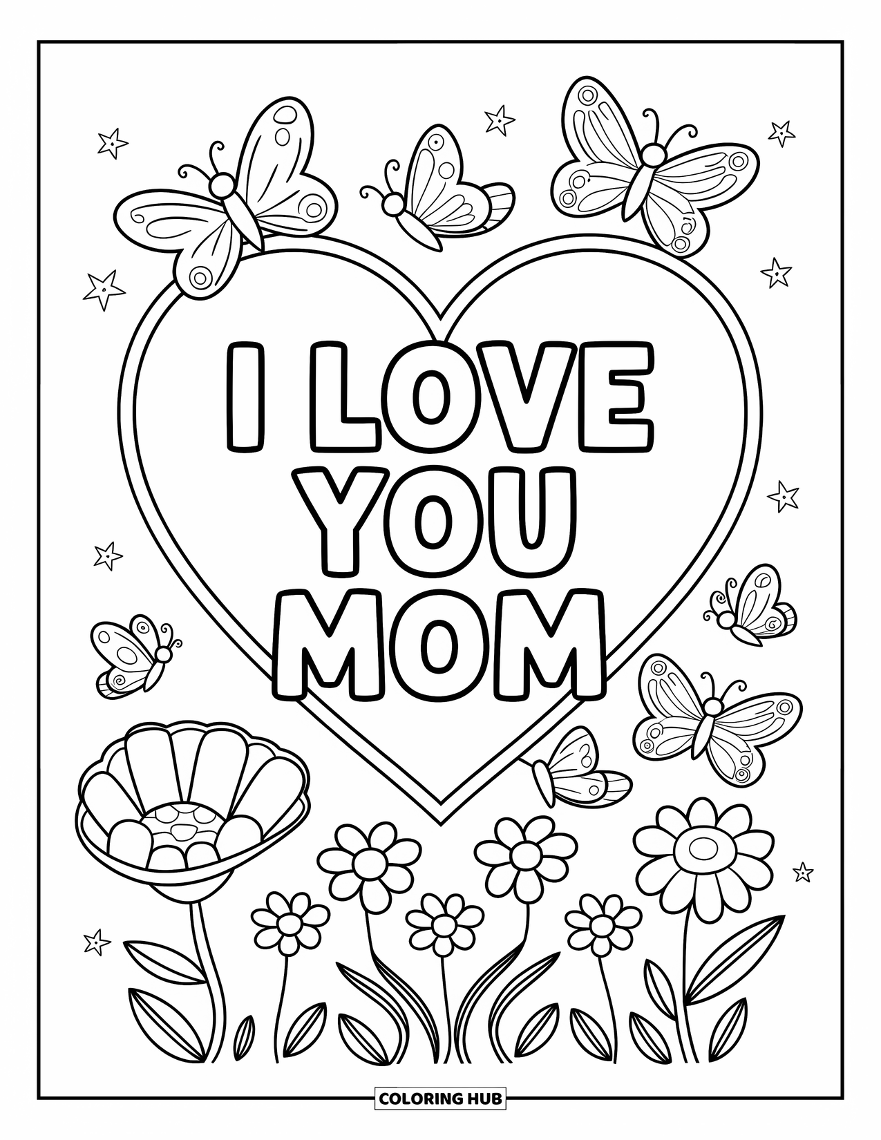 I Love You Mom Coloring Page for Kids: A heart with "I Love You Mom" surrounded by butterflies and bees