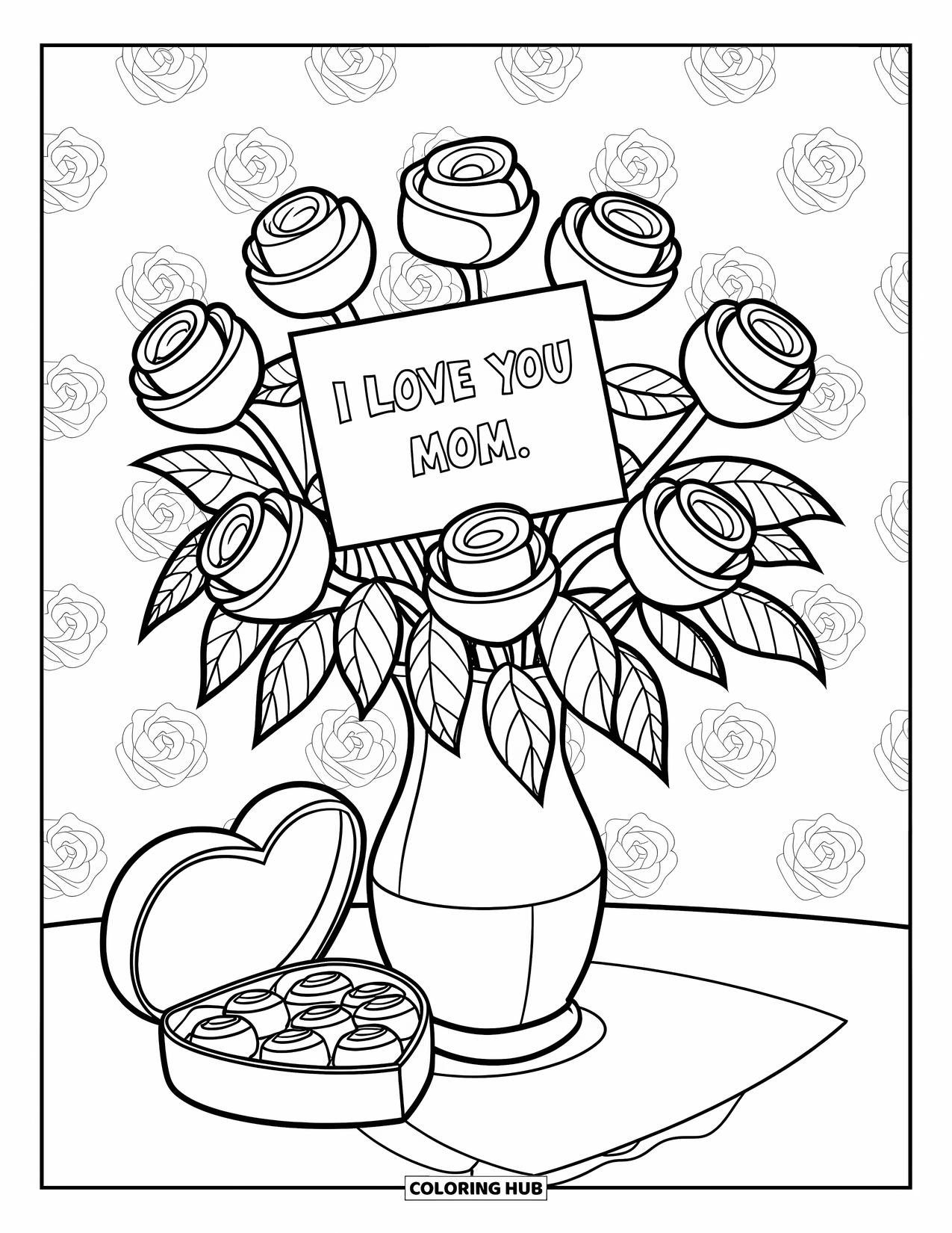 I Love You Mom Coloring Page for Kids: A vase of roses with chocolates and "I Love You Mom"
