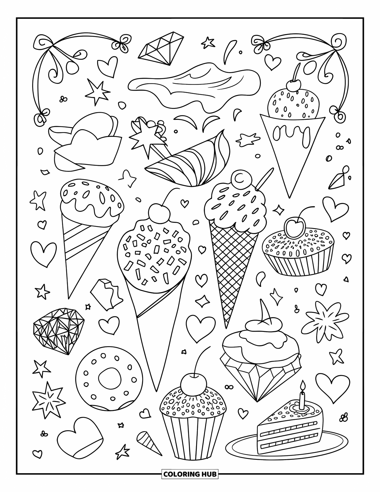 Ice Cream Cone Coloring Page for Adults: A collage of cones, cake, and donuts with ornate toppings and doodle accents