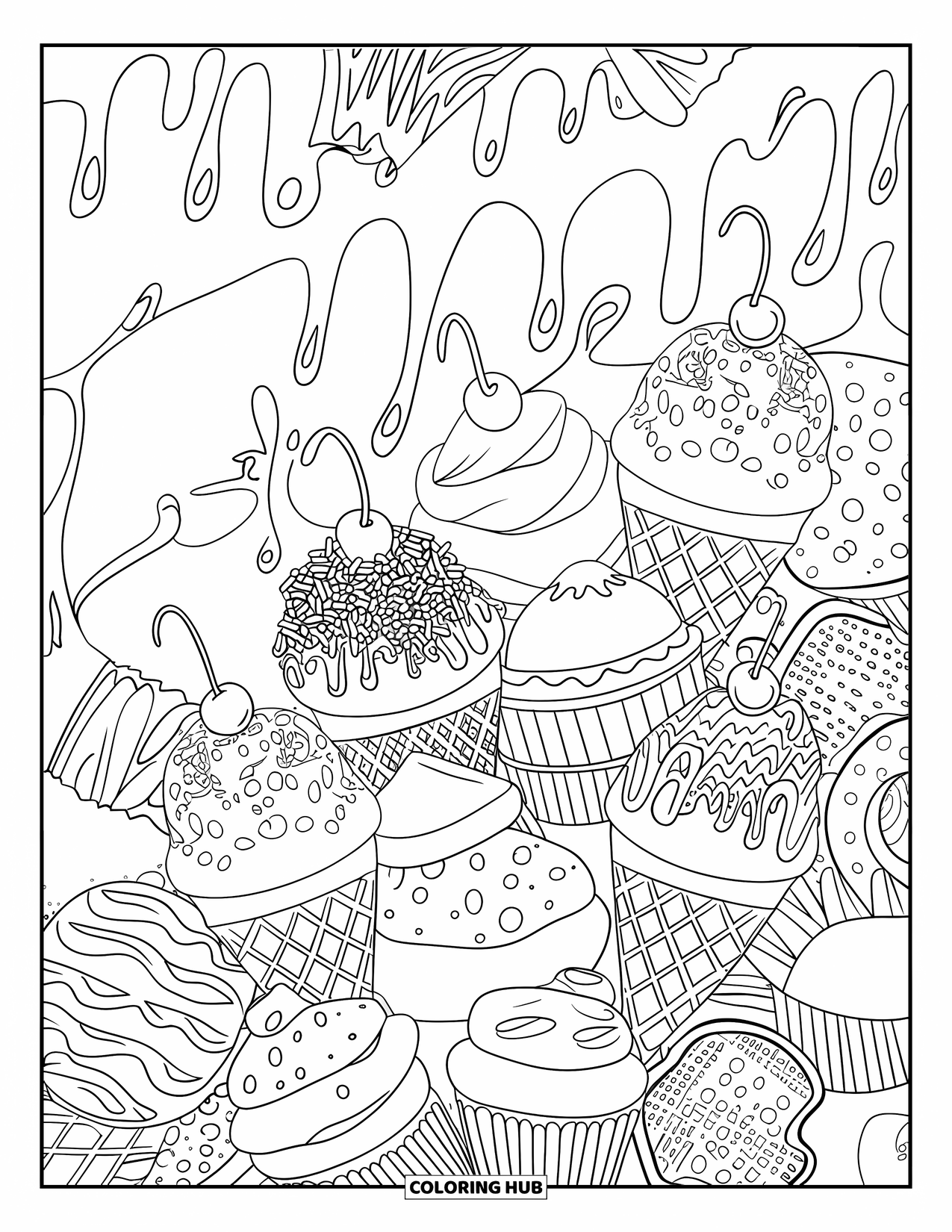 Ice Cream Cone Coloring Page for Adults: A collage of cones, cupcakes, donuts, and cookies with swirling doodles