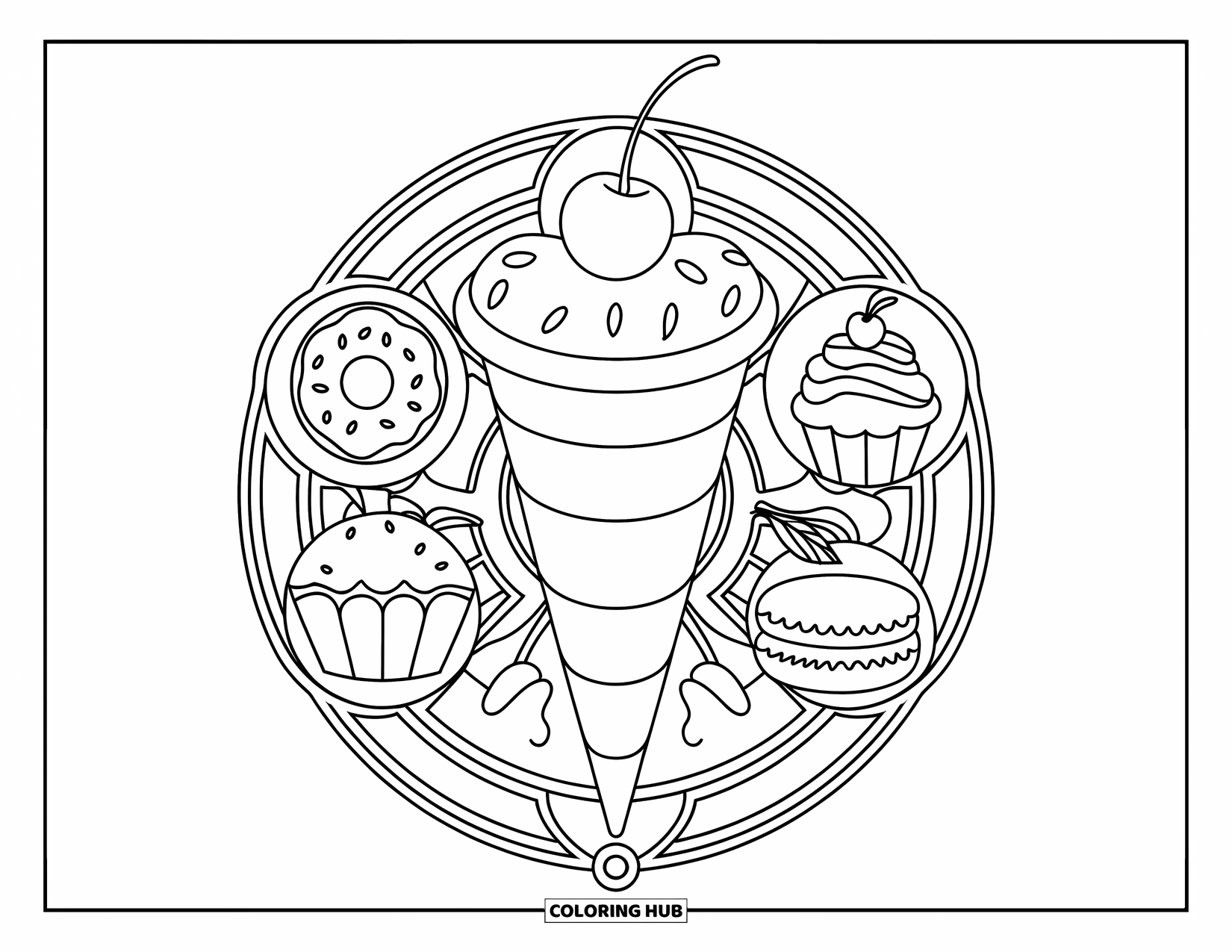 Ice Cream Cone Coloring Page for Adults: A cone centerpiece with a cherry is ringed by donuts, cupcakes, and macarons