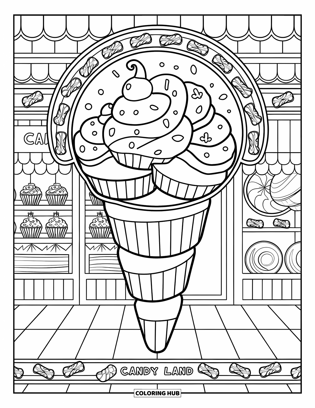 Ice Cream Cone Coloring Page for Adults: A cone made of cupcakes and lollipops sits in a candy shop scene