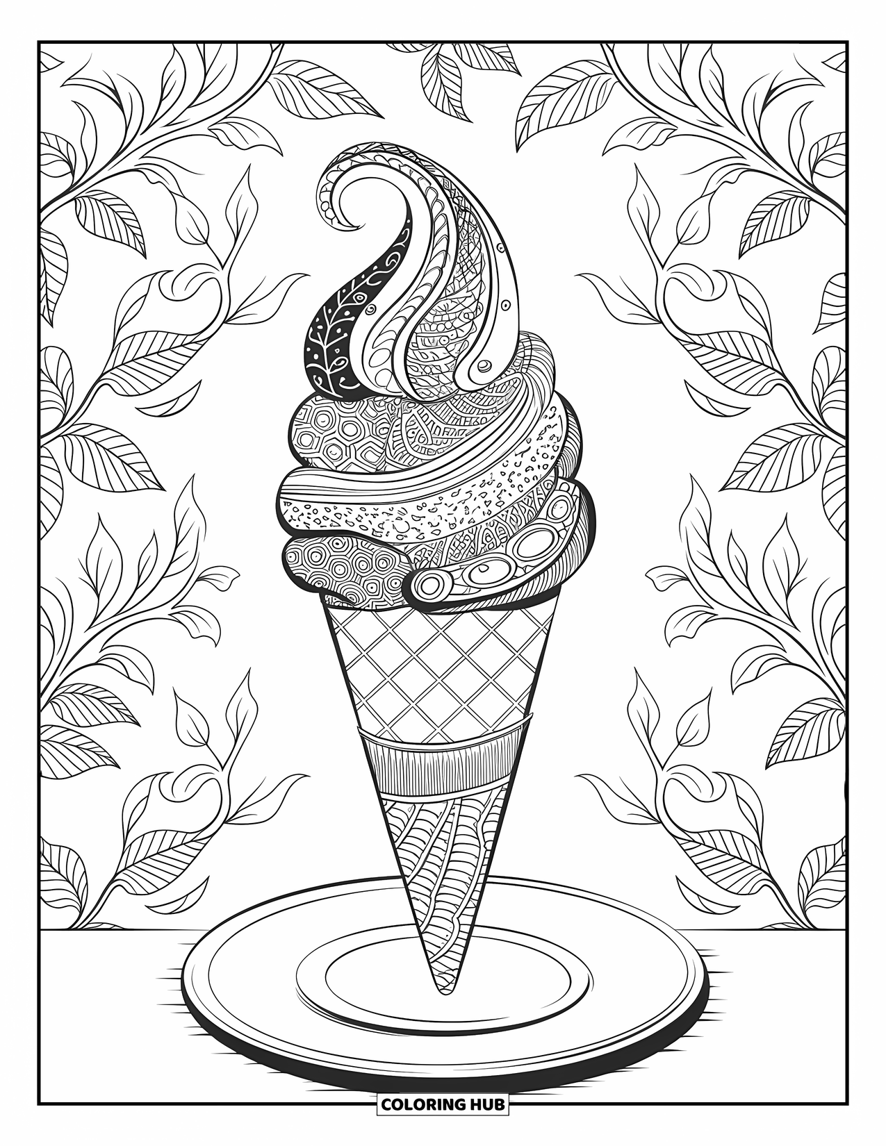 Ice Cream Cone Coloring Page for Adults: A cone on a plate surrounded by paisley and zentangle dessert motifs