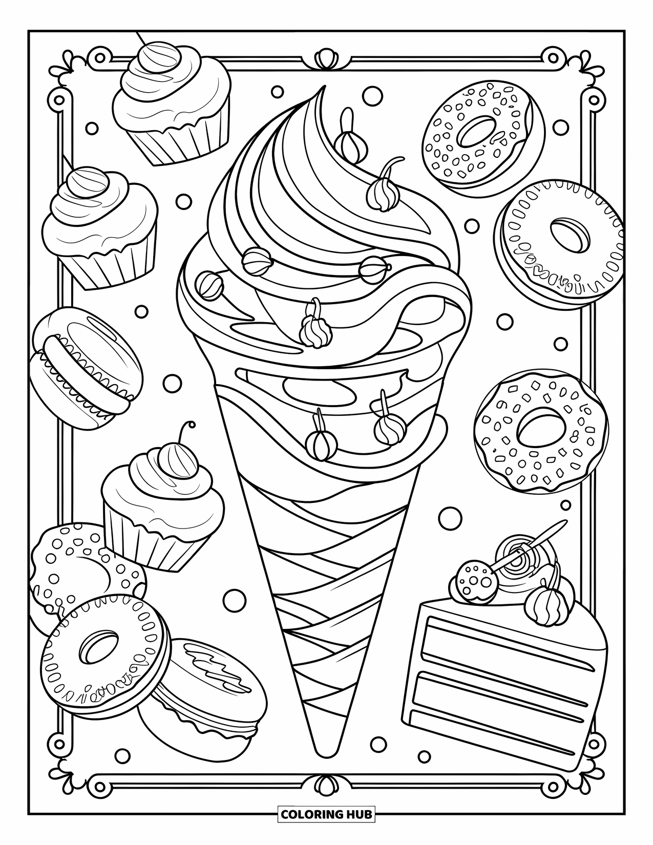 Ice Cream Cone Coloring Page for Adults: A cone with swirls is surrounded by cupcakes, donuts, and cake