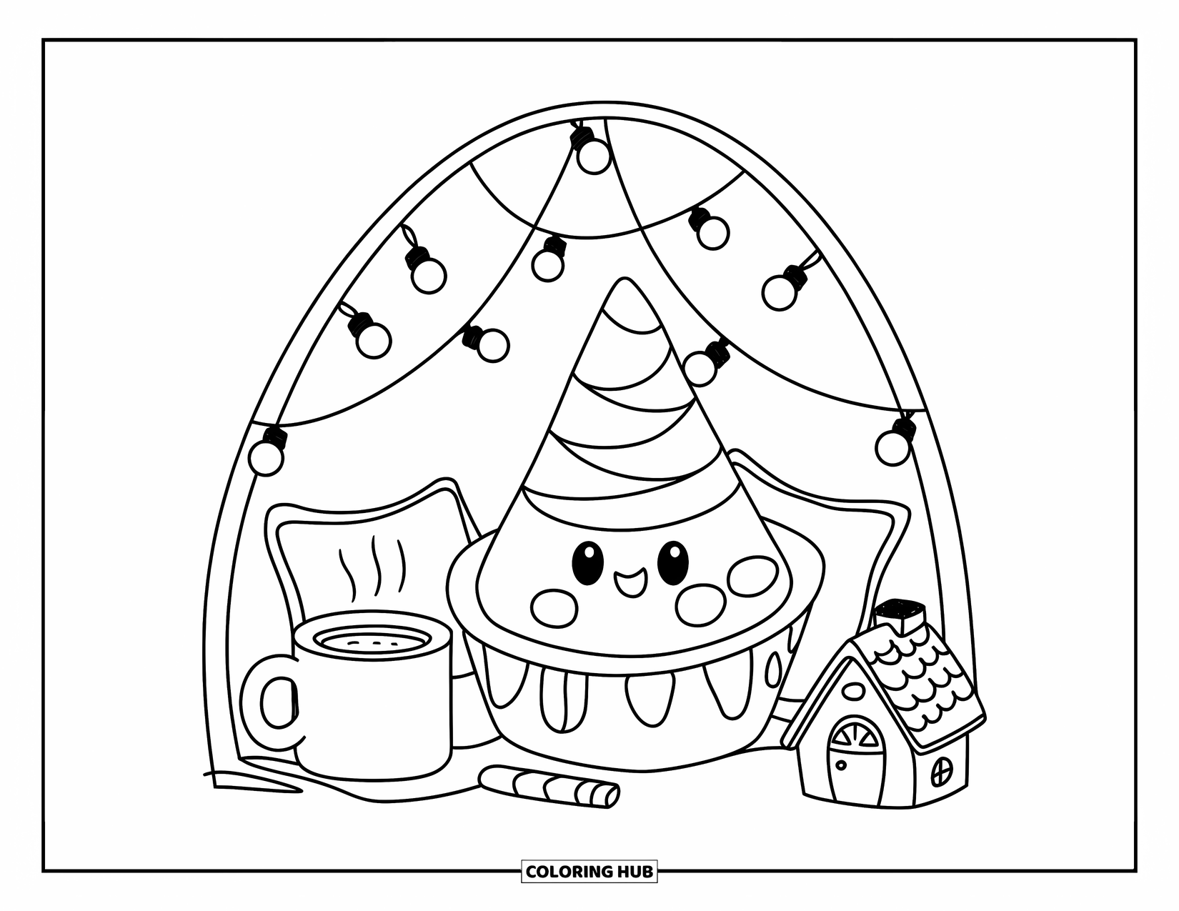 Ice Cream Cone Coloring Page for Adults: A cozy nook with a cone, pillows, cocoa, and glowing fairy lights