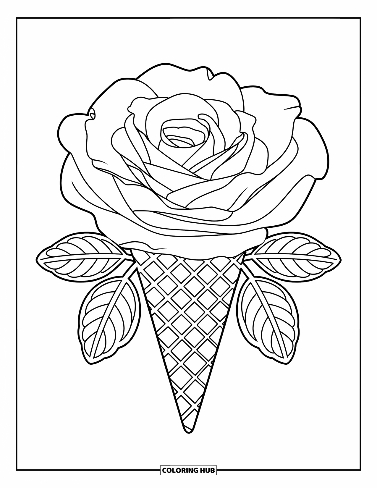 Ice Cream Cone Coloring Page for Adults: A decorative rose-shaped cone with layered petals stands apart from its base