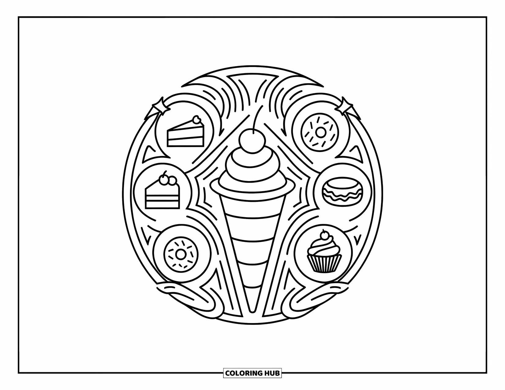 Ice Cream Cone Coloring Page for Adults: A large cone with a cherry is encircled by cake, donuts, and macarons