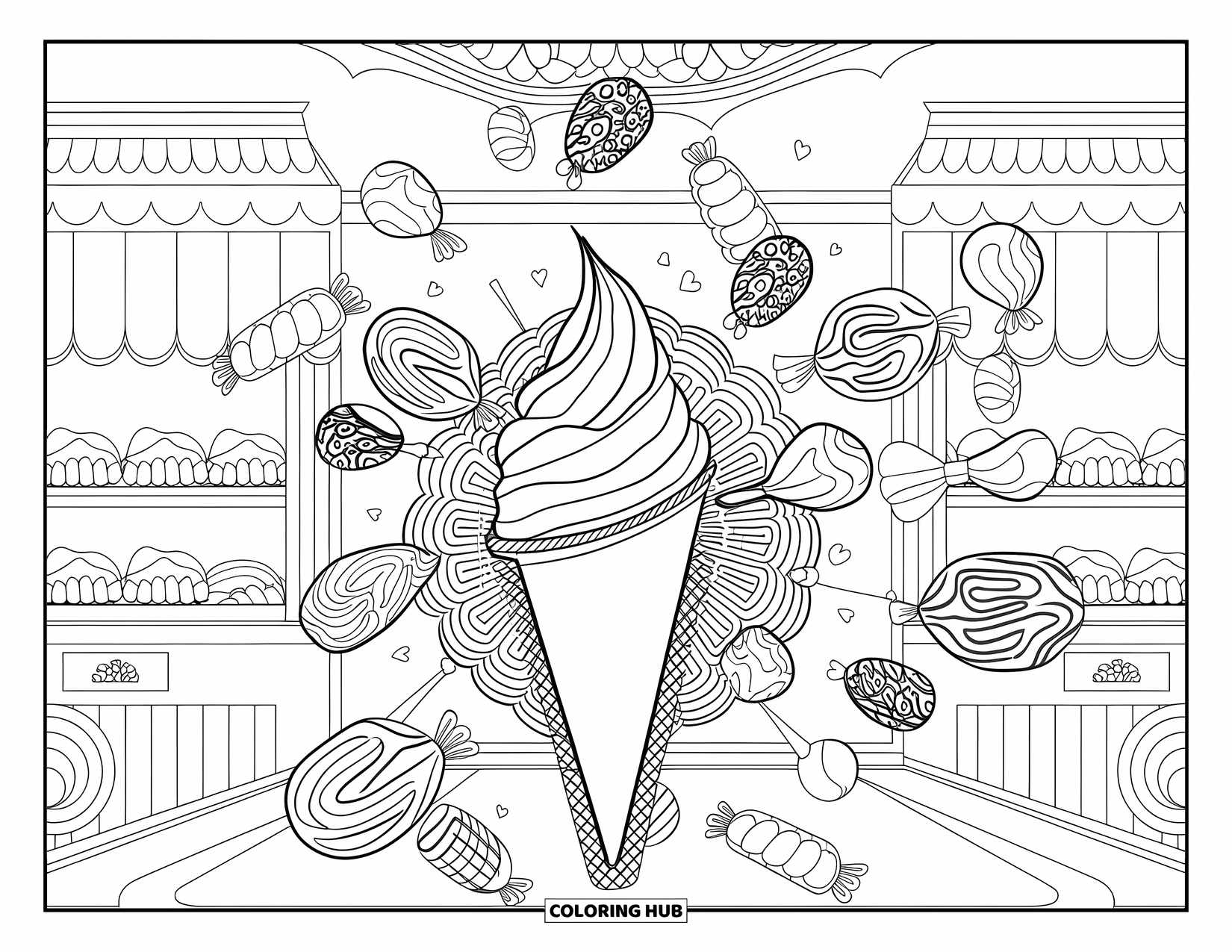 Ice Cream Cone Coloring Page for Adults: A large cone with floating sweets and candy swirls sits in a bakery scene