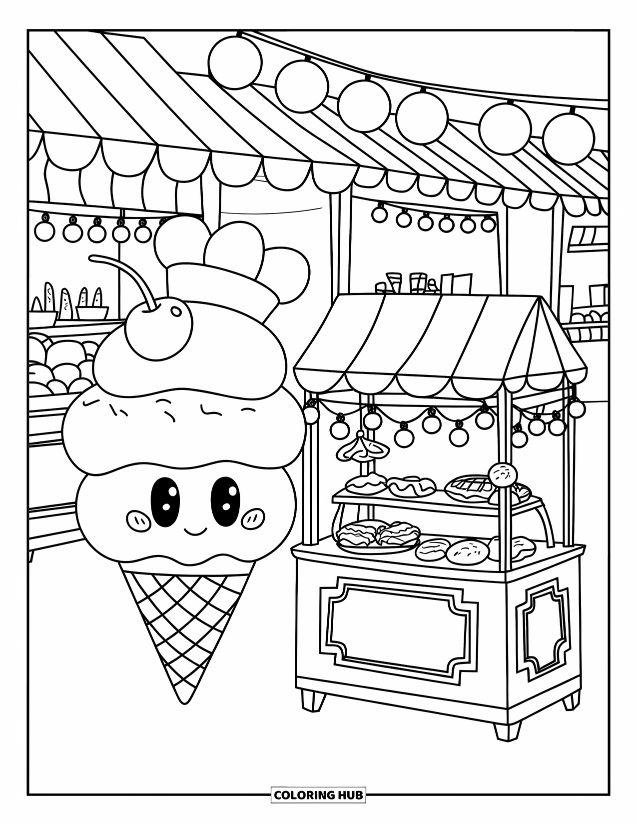 Ice Cream Cone Coloring Page for Adults: A smiling ice cream cone with a cherry hat stands beside a glowing dessert stand