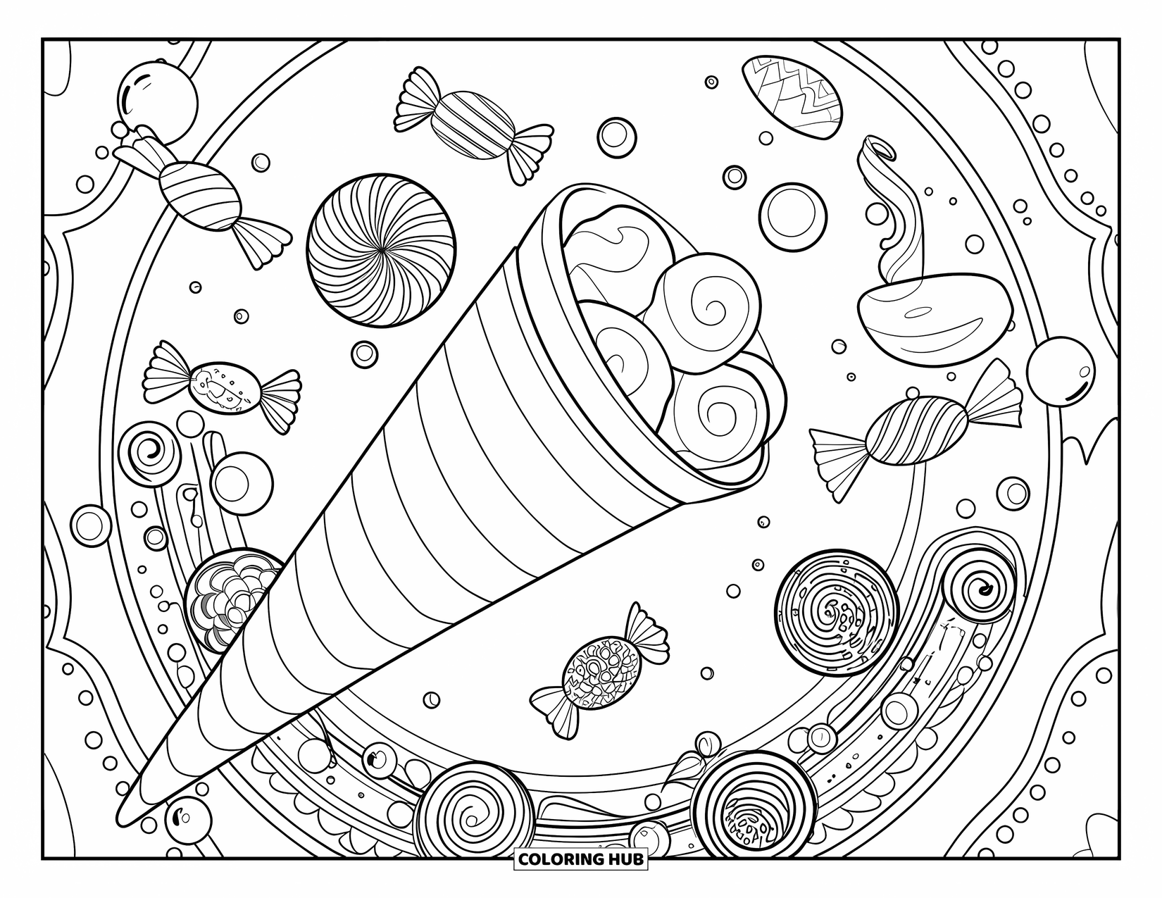 Ice Cream Cone Coloring Page for Adults: A striped cone floats among patterned sweets and swirling candy accents