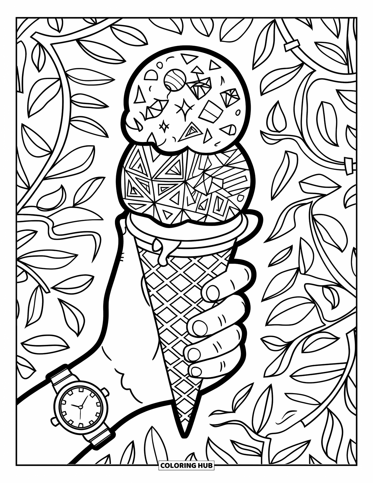 Ice Cream Cone Coloring Page for Adults: A triple-scoop cone with doodle scoops is held by a hand with a watch