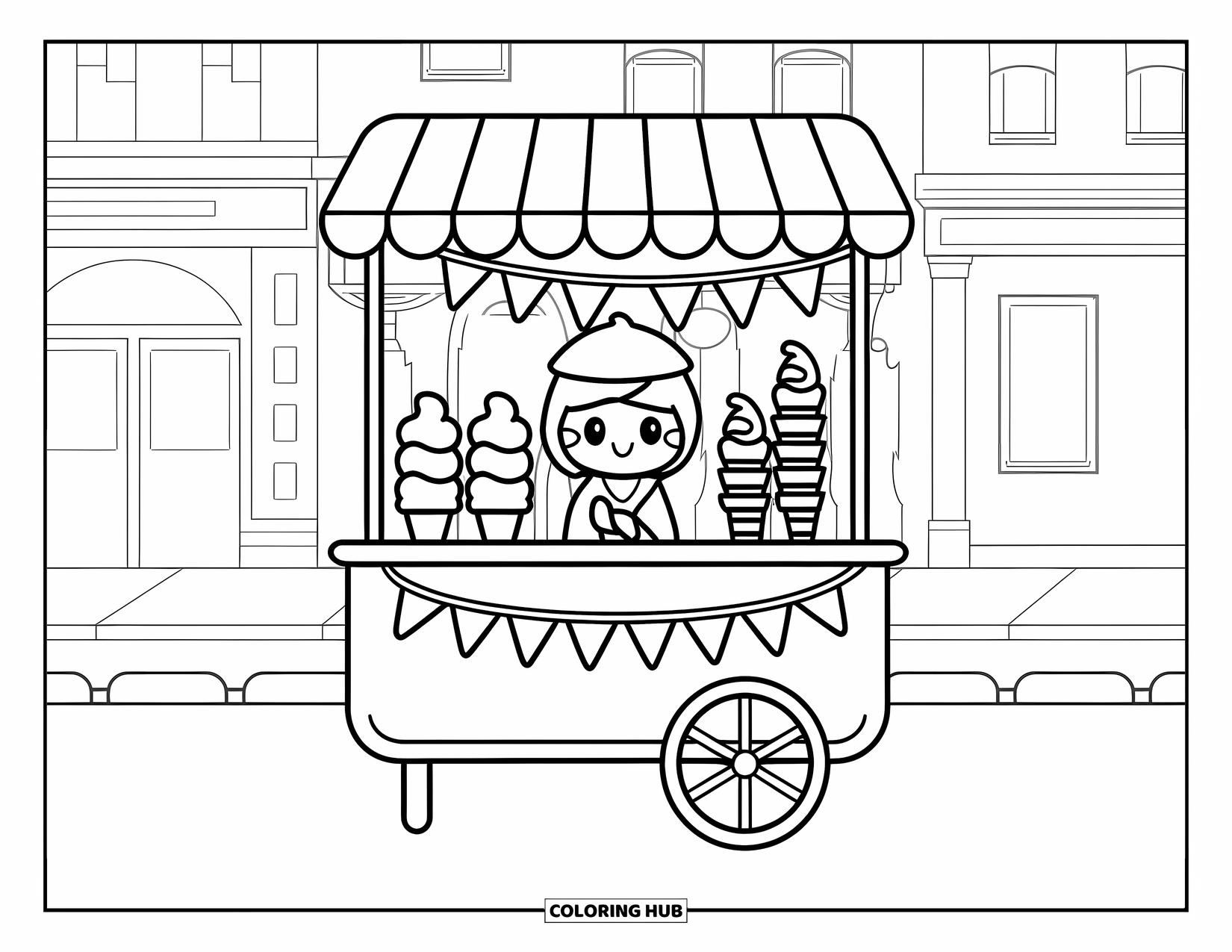 Ice Cream Cone Coloring Page for Adults: An ice cream cart with a smiling cone vendor and bunting flags