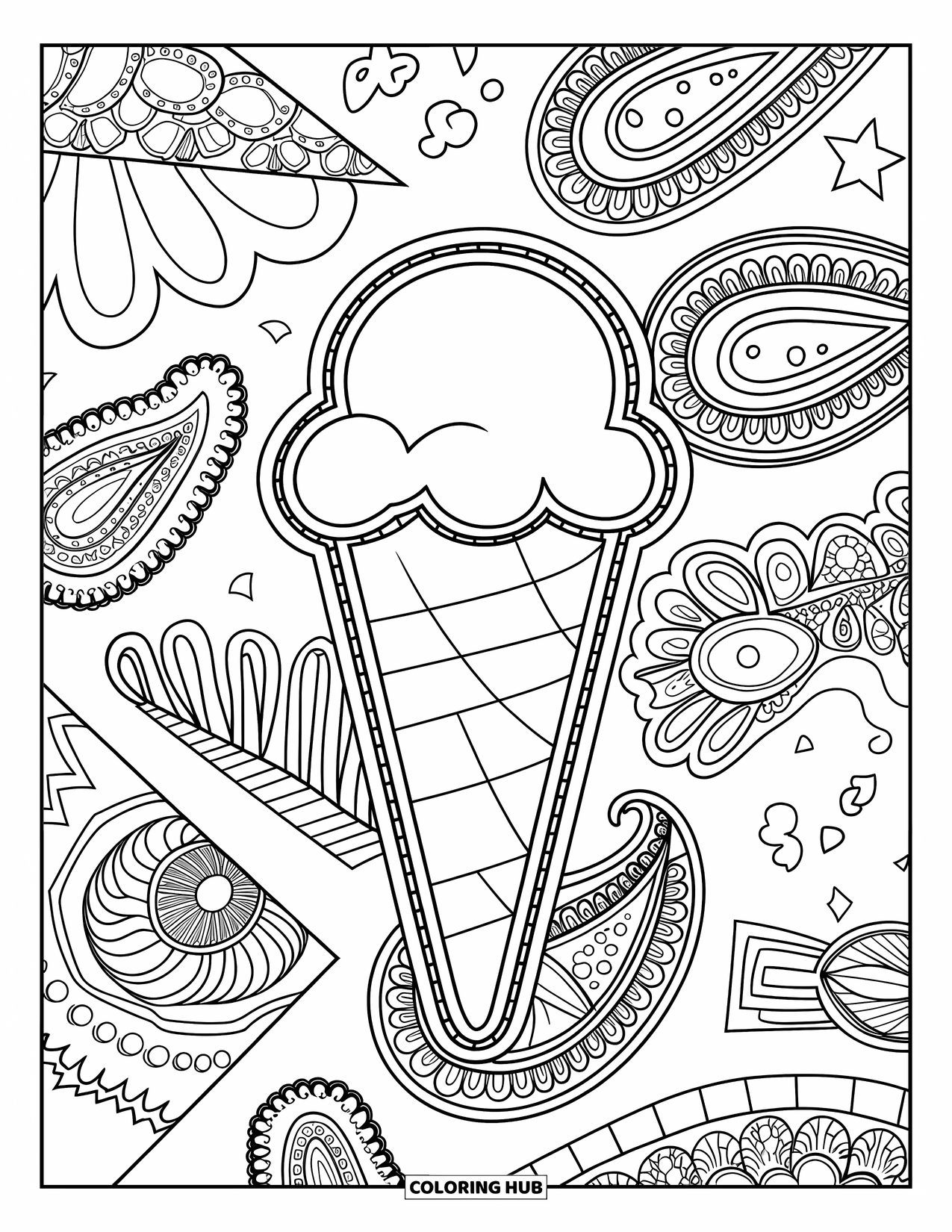 Ice Cream Cone Coloring Page for Adults: An ice cream cone stands among detailed paisley and zentangle dessert patterns