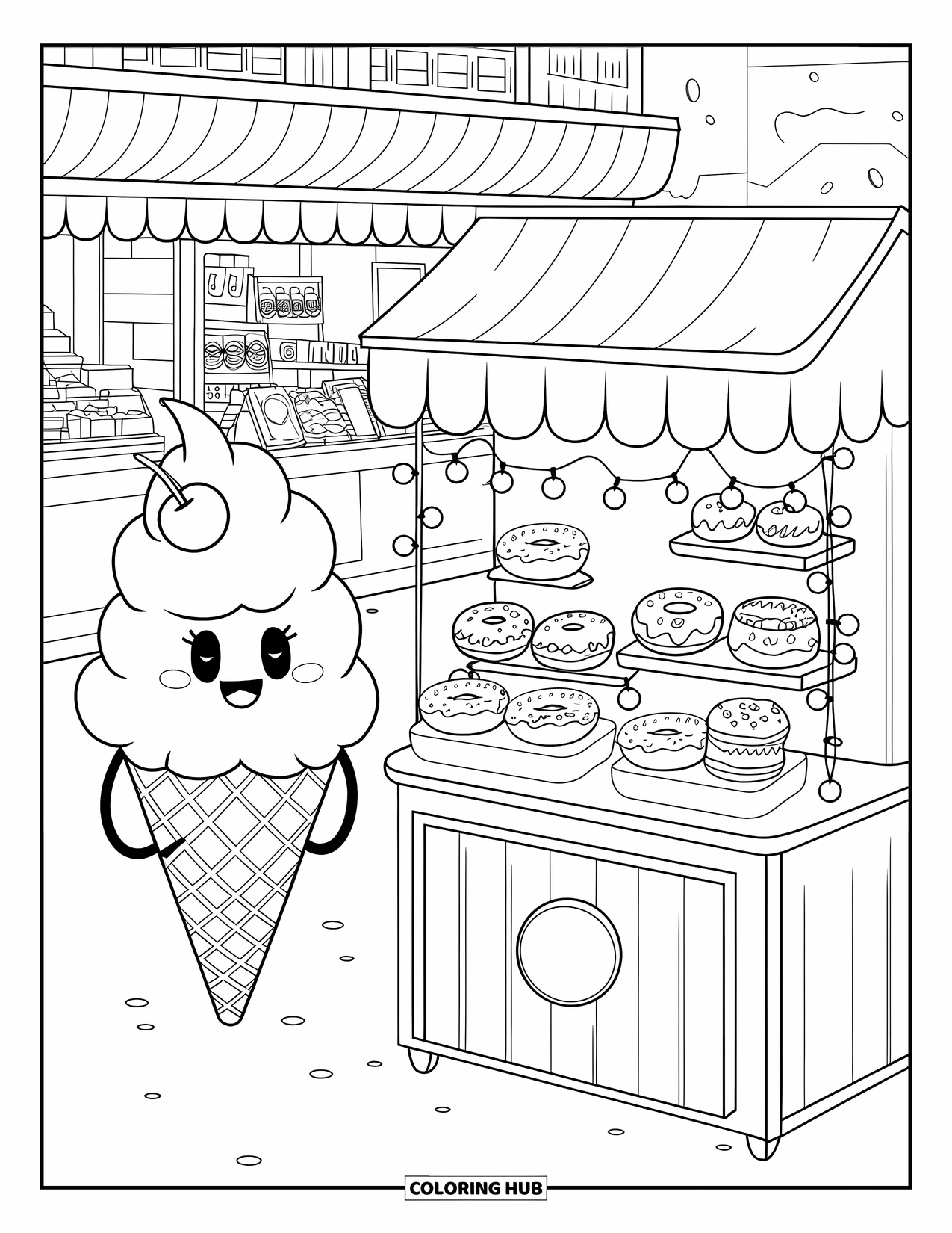 Ice Cream Cone Coloring Page for Adults: An ice cream cone with a cherry hat stands beside a dessert stand filled with treats
