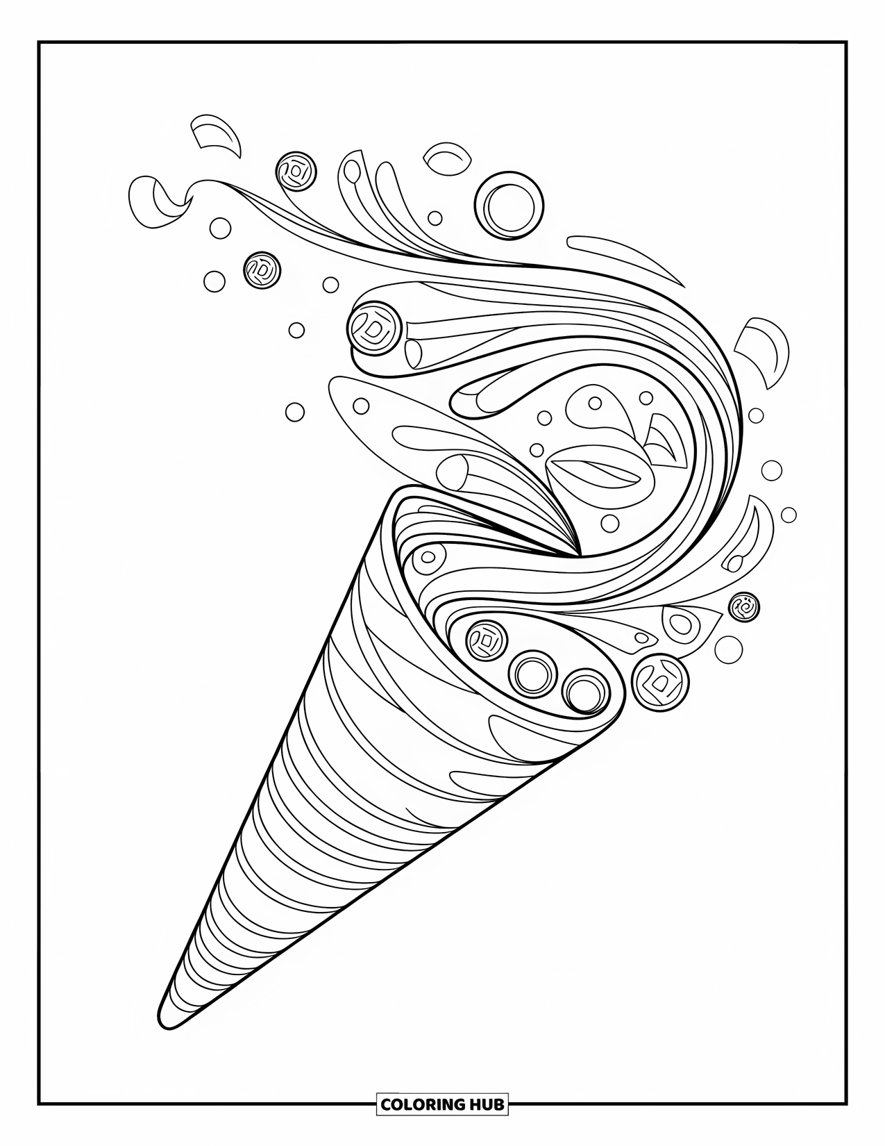 Ice Cream Cone Coloring Page for Adults: An intricate cone with swirls and tiny dessert elements