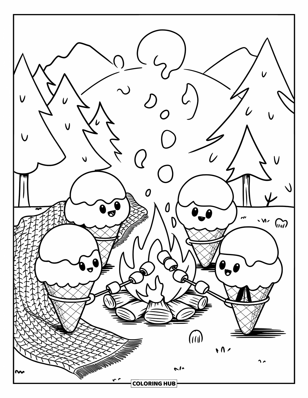 Ice Cream Cone Coloring Page for Adults: Kawaii ice cream cones sit by a campfire roasting marshmallows